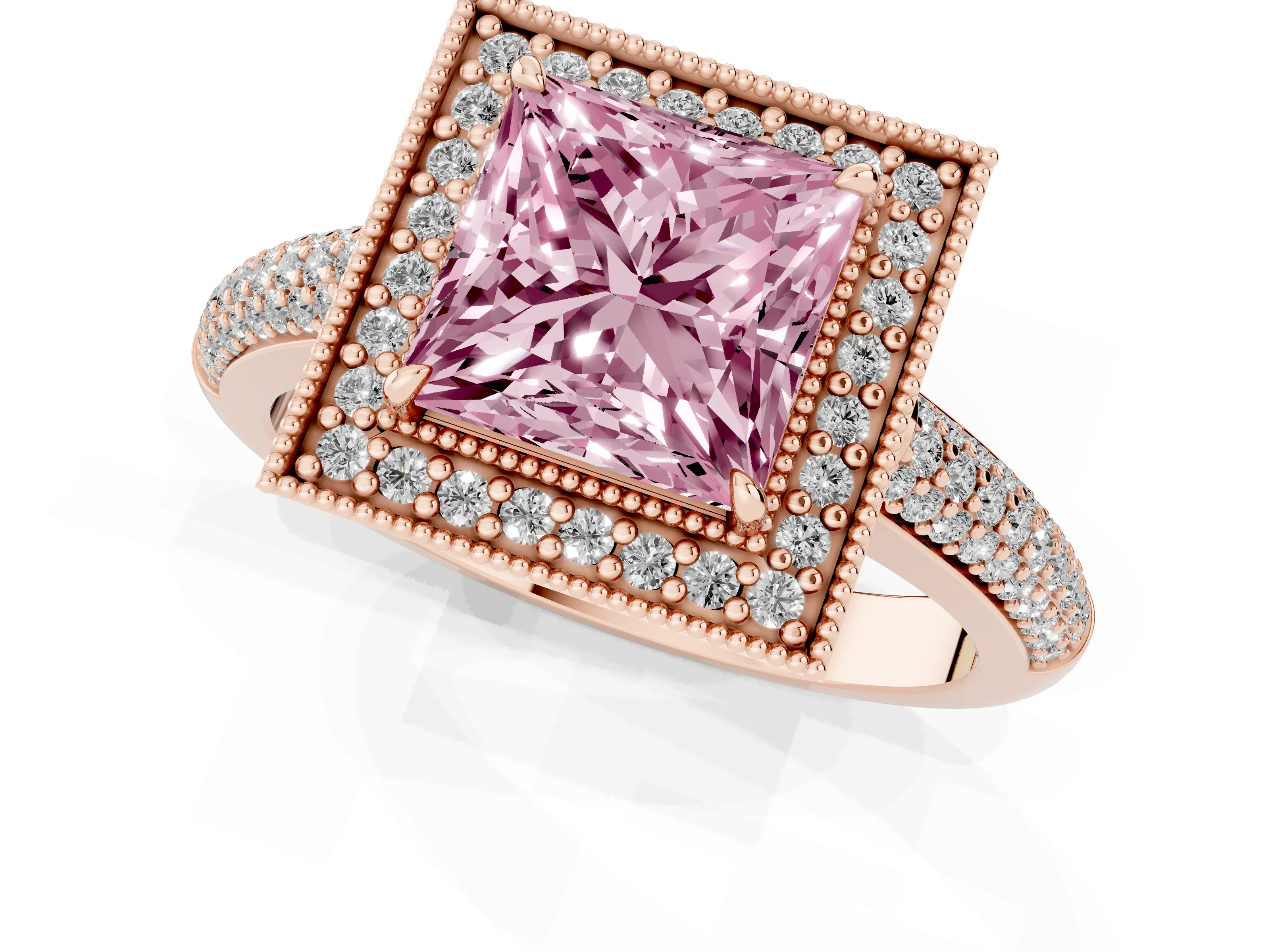 Fancy Pink Princess Cut Diamond Halo Pavé Band Set in Rose gold with Prong Setting