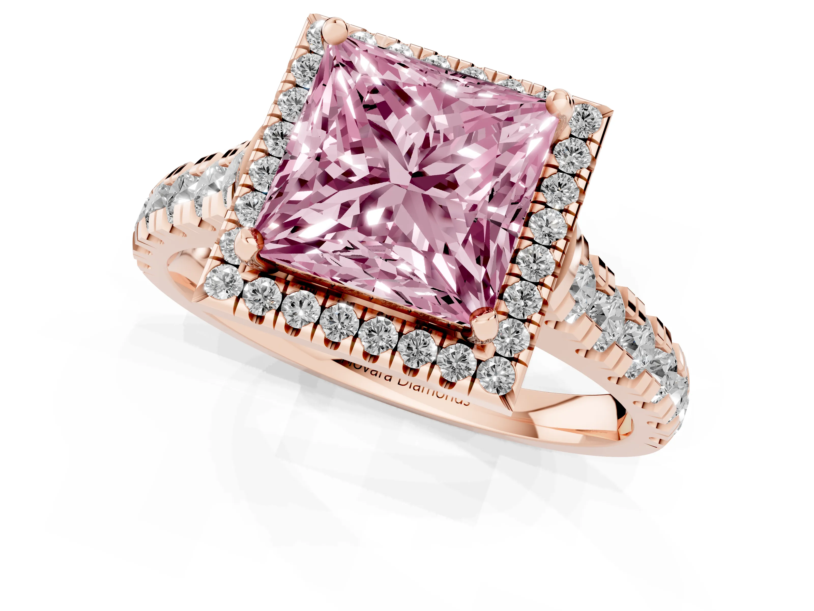 Fancy Pink Princess Cut Diamond Halo Engagement Ring Set in Rose gold with Pavé Band and Prong-Set Center