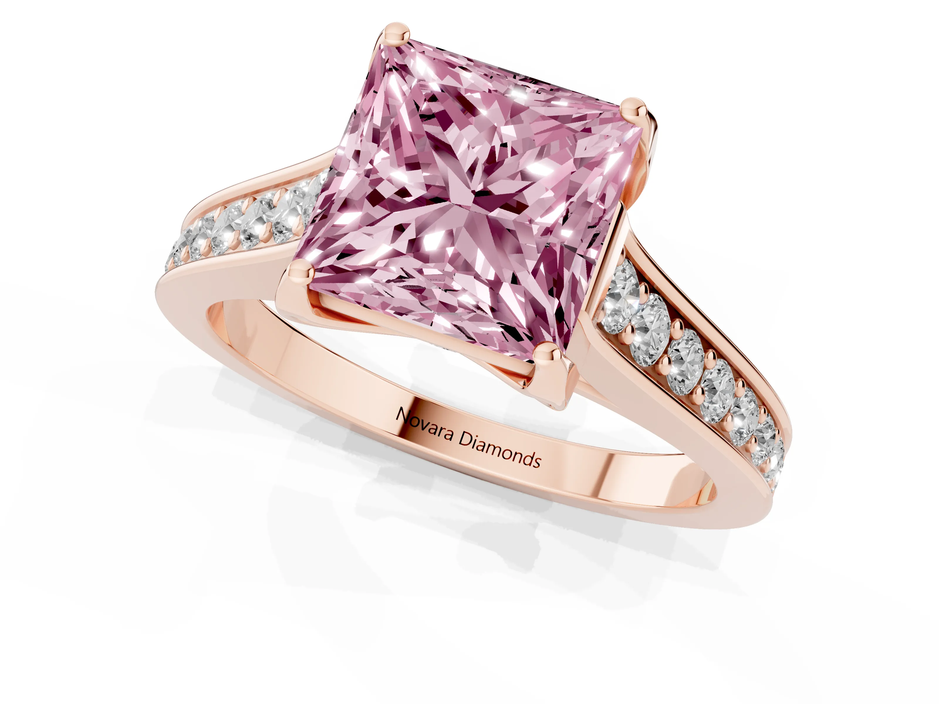 Fancy Pink Princess Cut Diamond Solitaire Pavé Engagement Ring Set in Rose gold with Prong Setting