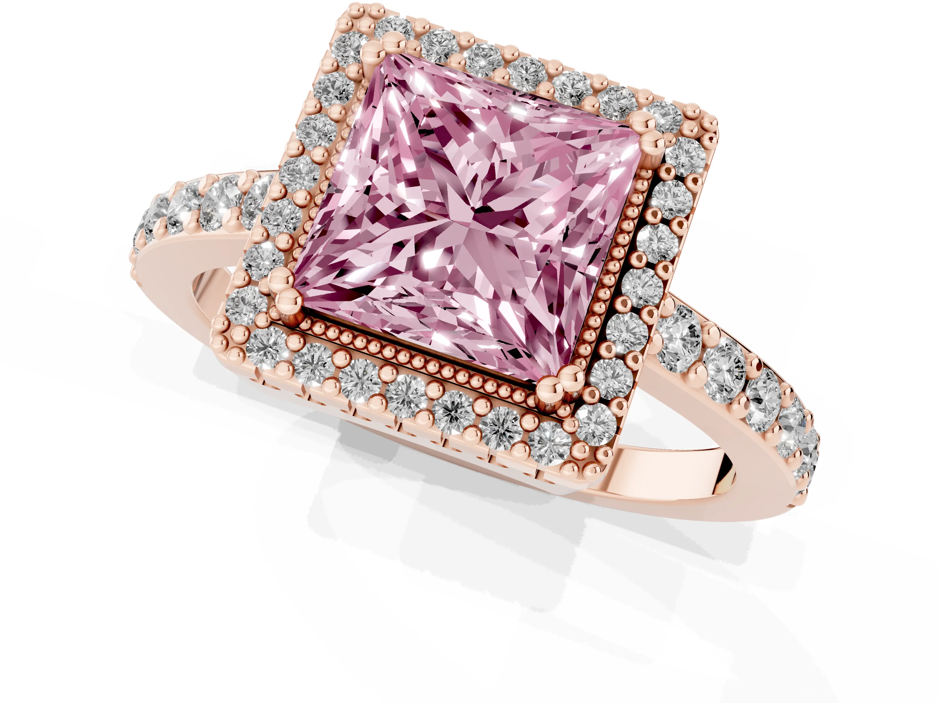 Fancy Pink Princess Cut Diamond Halo Engagement Ring Set in Rose gold with Milgrain Detail and Pavé Band