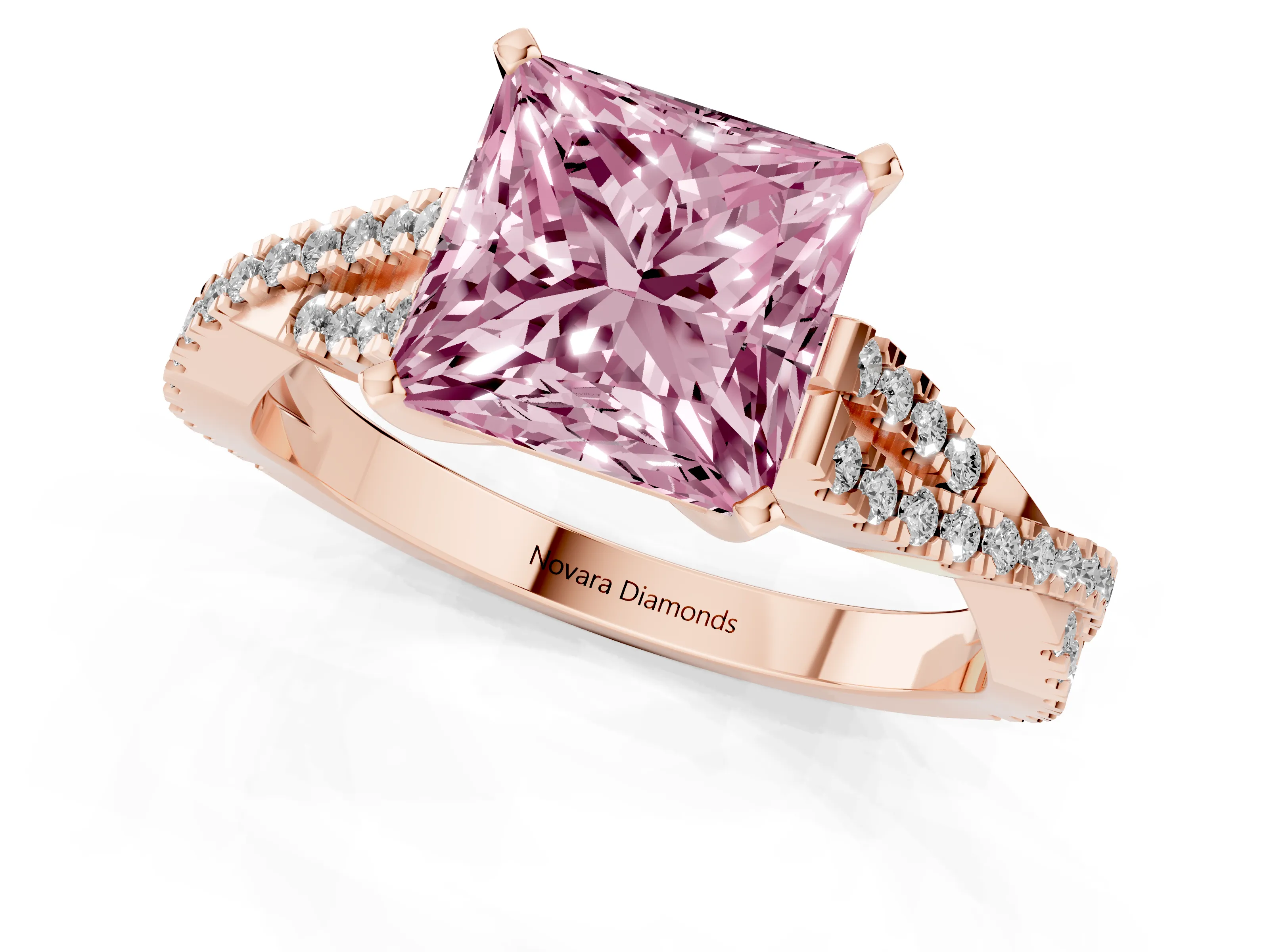 Fancy Pink Princess Cut Diamond Solitaire Engagement Ring Set in Rose gold with Twisted Pavé Band and Prong Setting