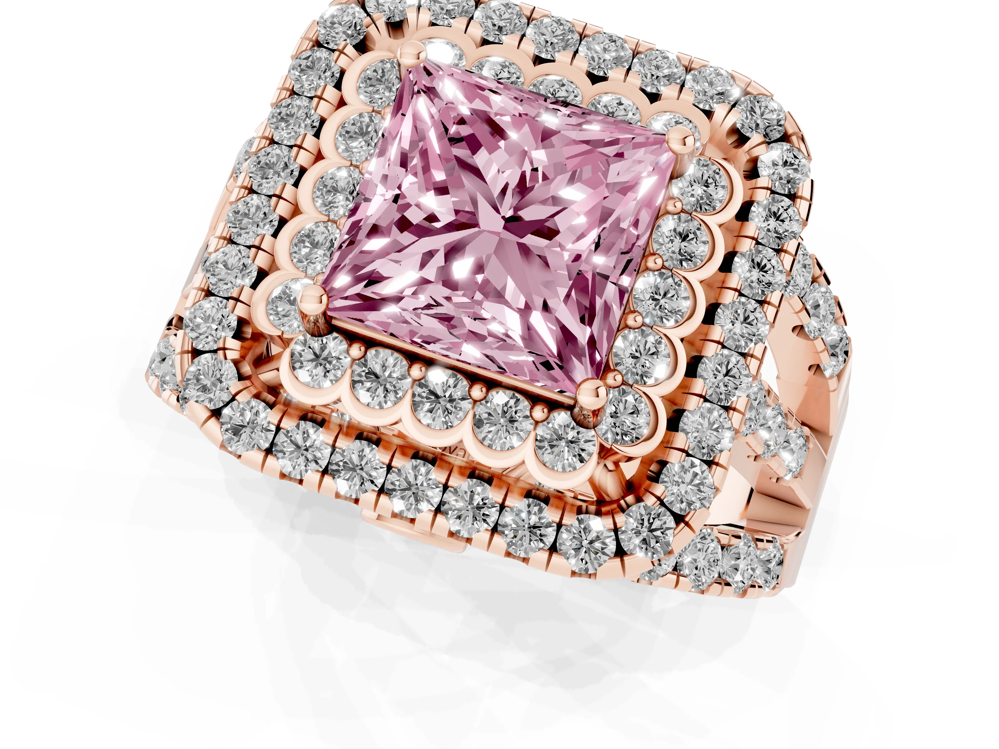Fancy Pink Princess Cut Diamond Double Halo Ring Set in Rose gold with Round Pavé Split Shank