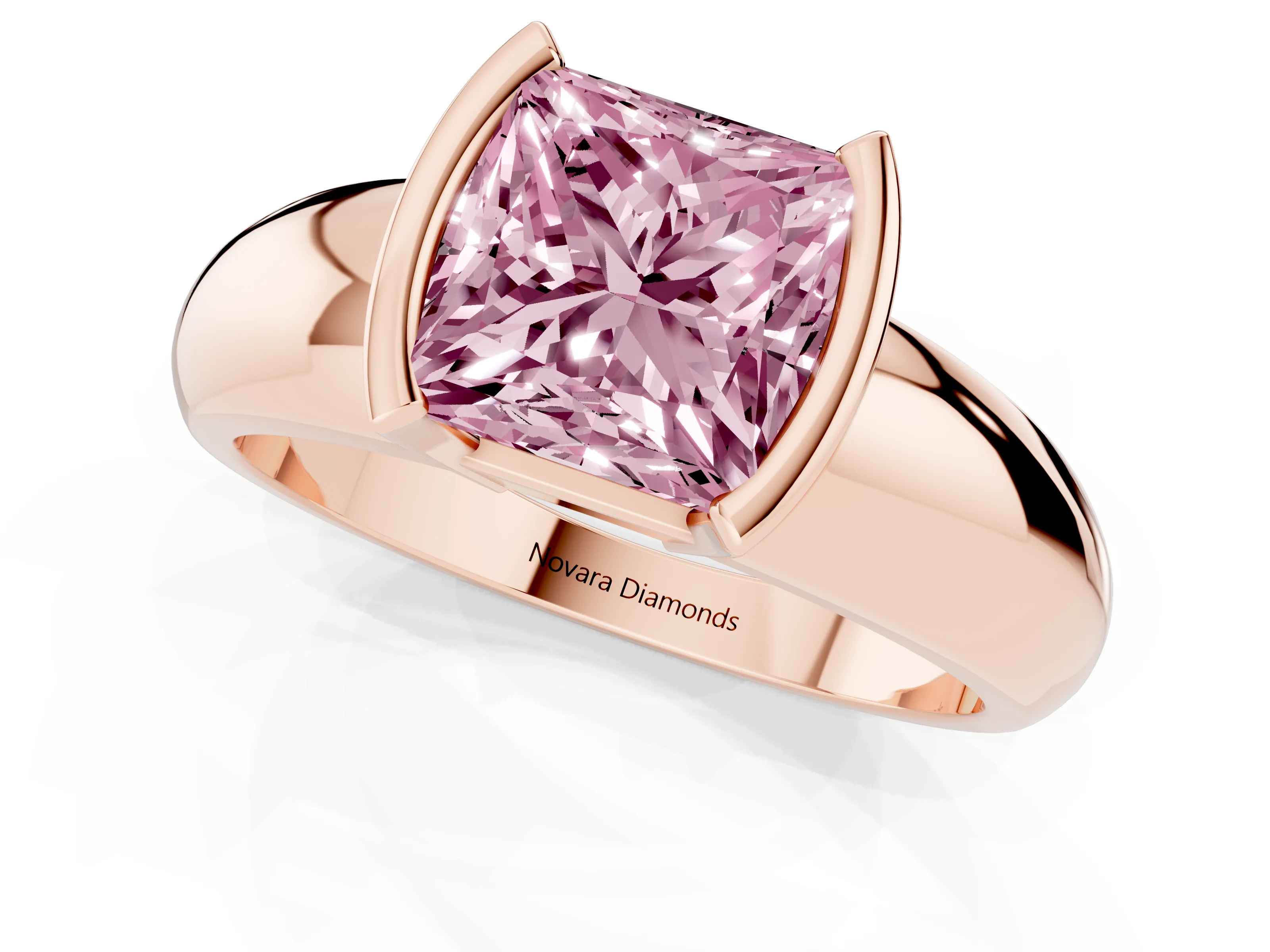 Fancy Pink Princess Cut Diamond Solitaire Tension Set Ring Set in Rose gold with Wide Band