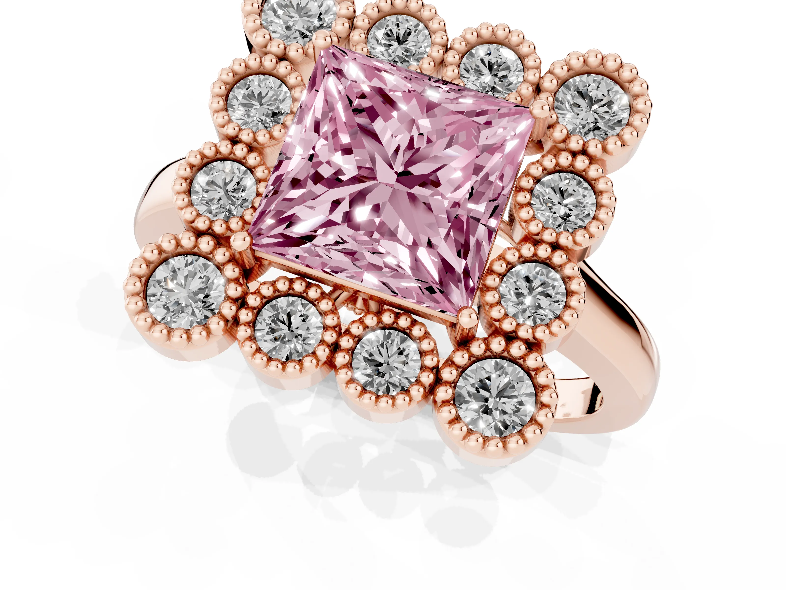 Fancy Pink Princess Cut Diamond Cluster Halo Ring Set in Rose gold with Milgrain Bezel Accents and Plain Band