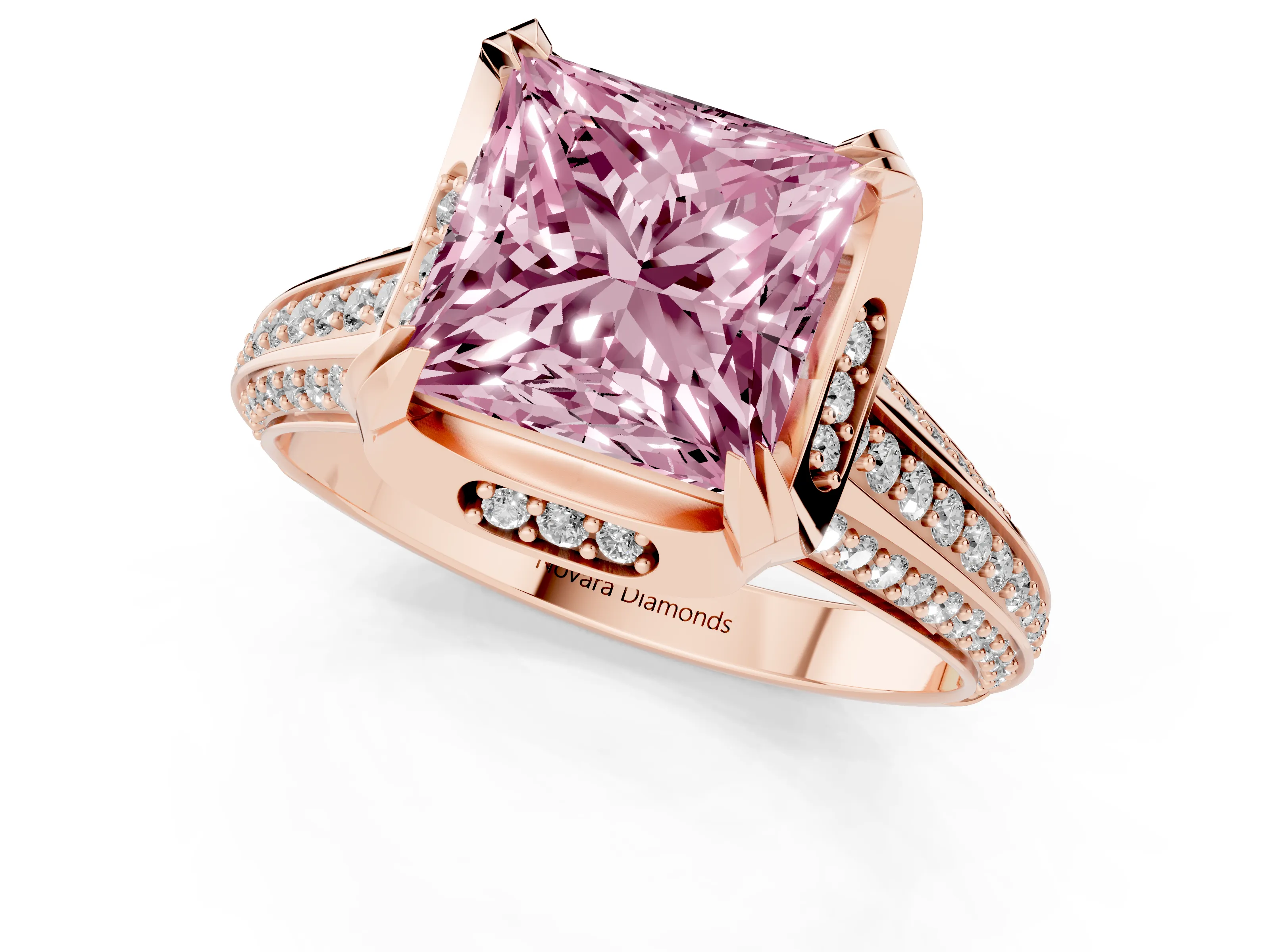 Fancy Pink Princess Cut Diamond Pavé Split Shank Solitaire Ring Set in Rose gold with Prong Setting