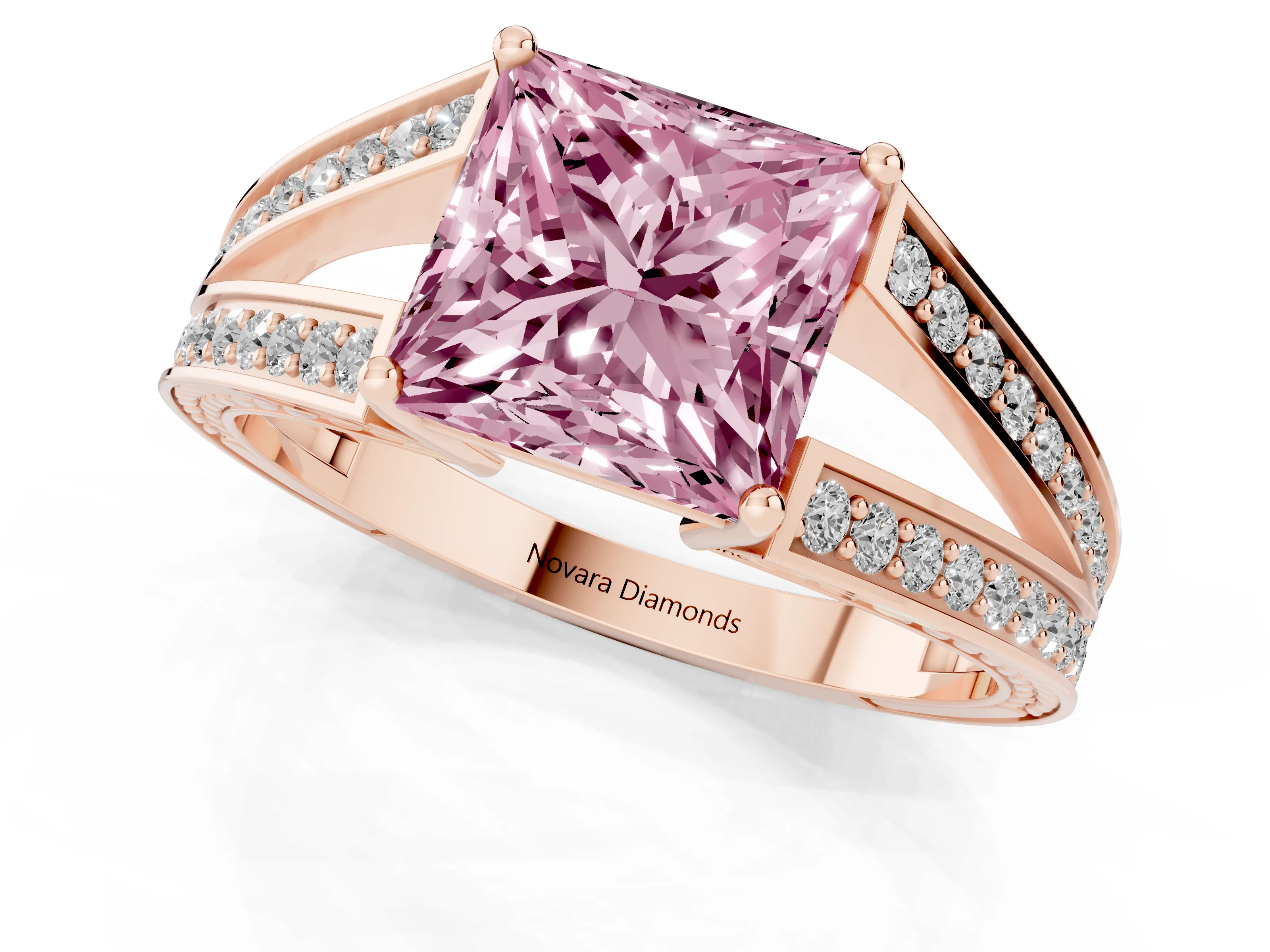Fancy Pink Princess Cut Diamond Split Shank Ring Set in Rose gold with Pavé Band and Prong Setting