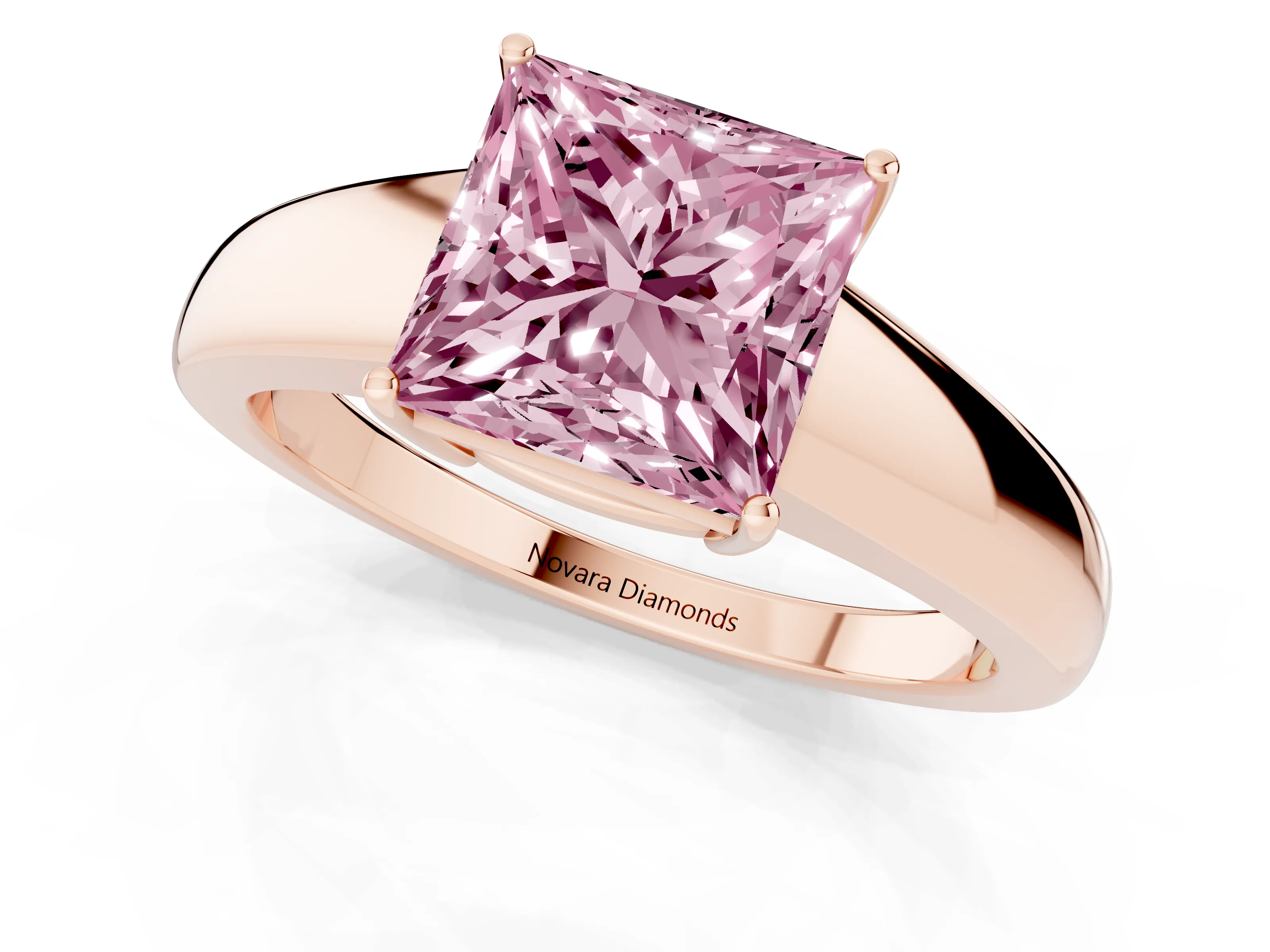 Fancy Pink Princess Cut Diamond Solitaire Ring Set in Rose gold with Tapered Band and Prong Setting