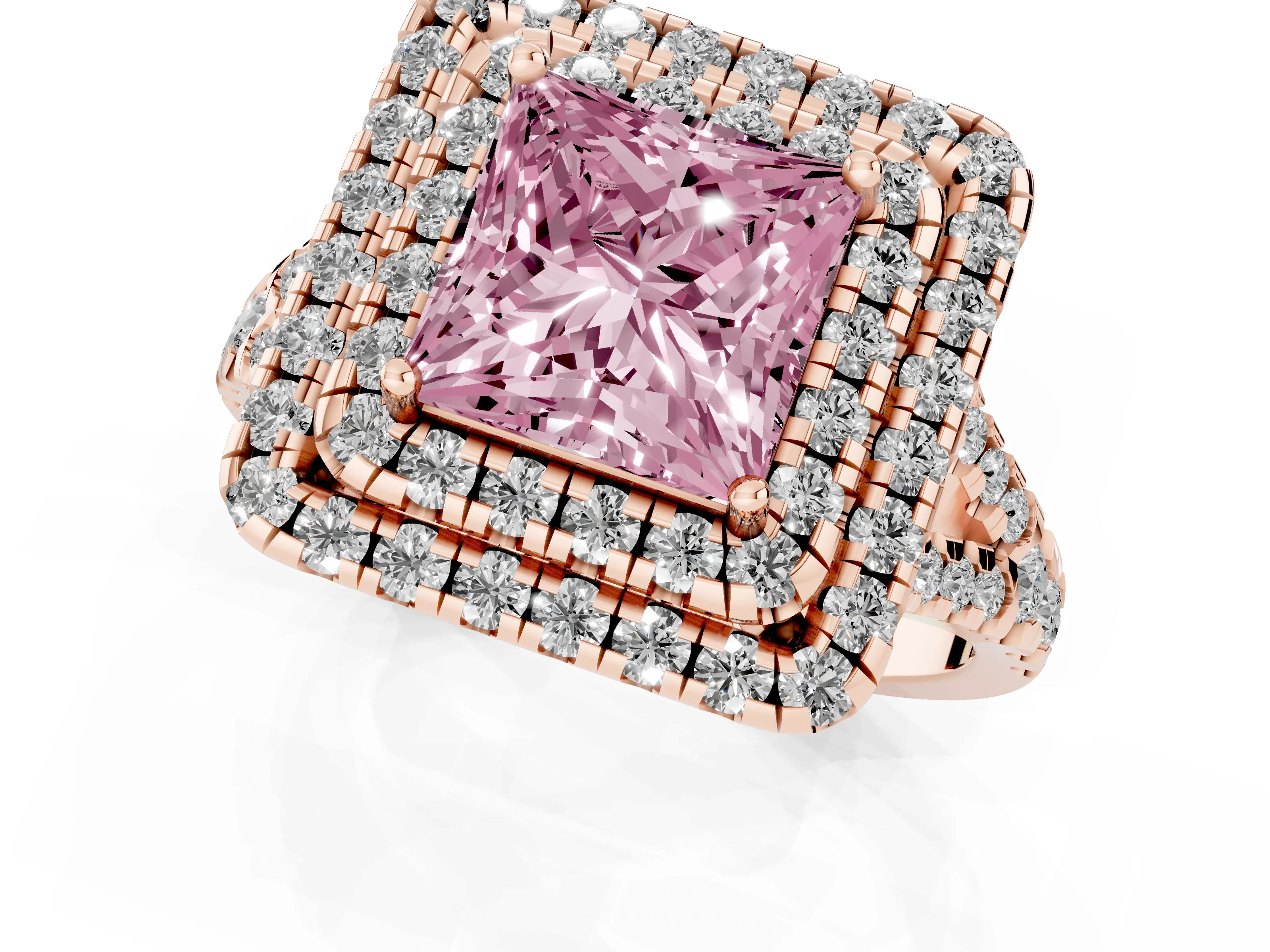 Fancy Pink Princess Cut Diamond Double Halo Ring Set in Rose gold with Pavé Split Shank and Prong Setting