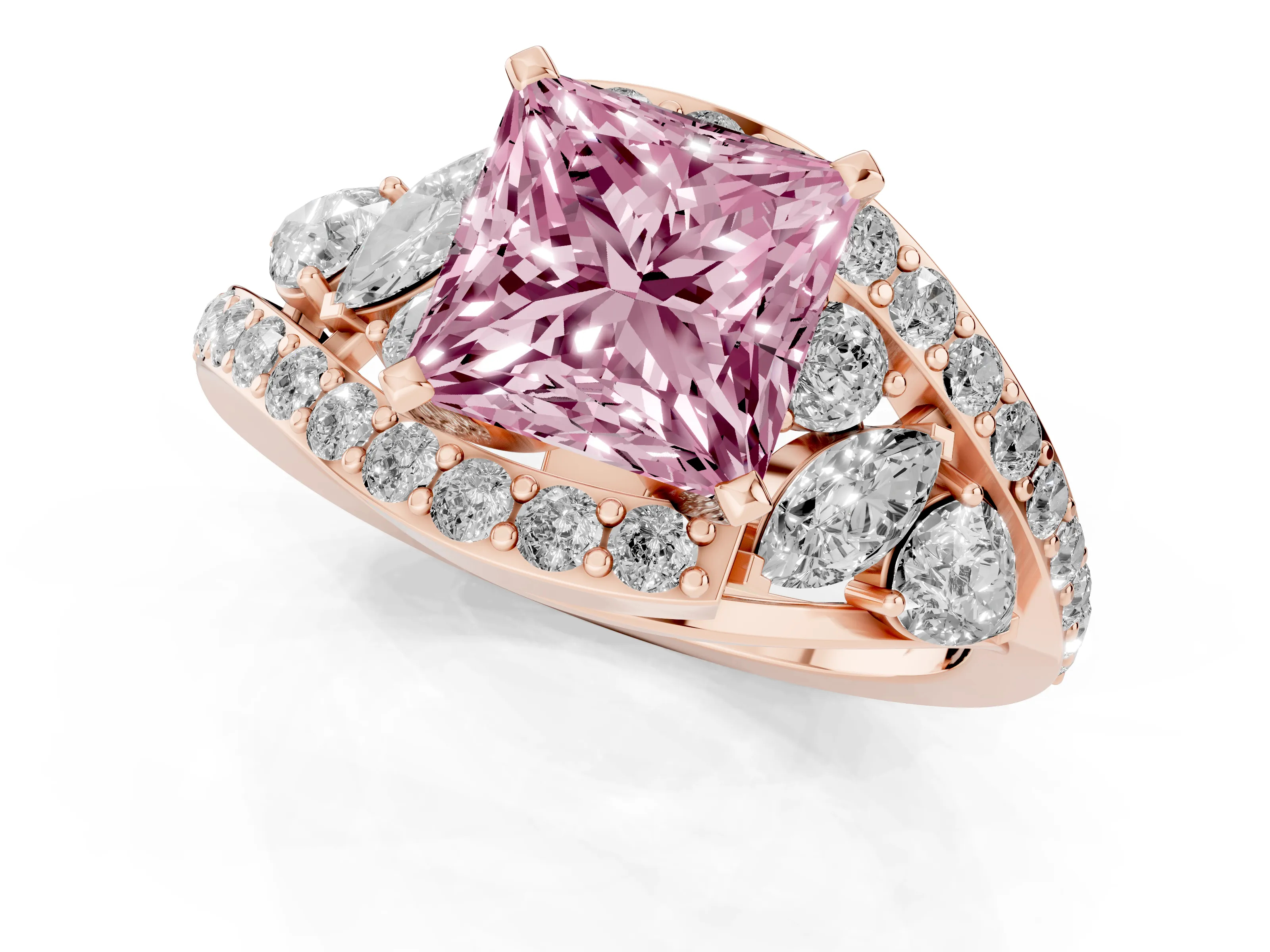 Fancy Pink Princess Cut Diamond Halo Ring Set in Rose gold with Marquise and Pavé Band in Prong Setting