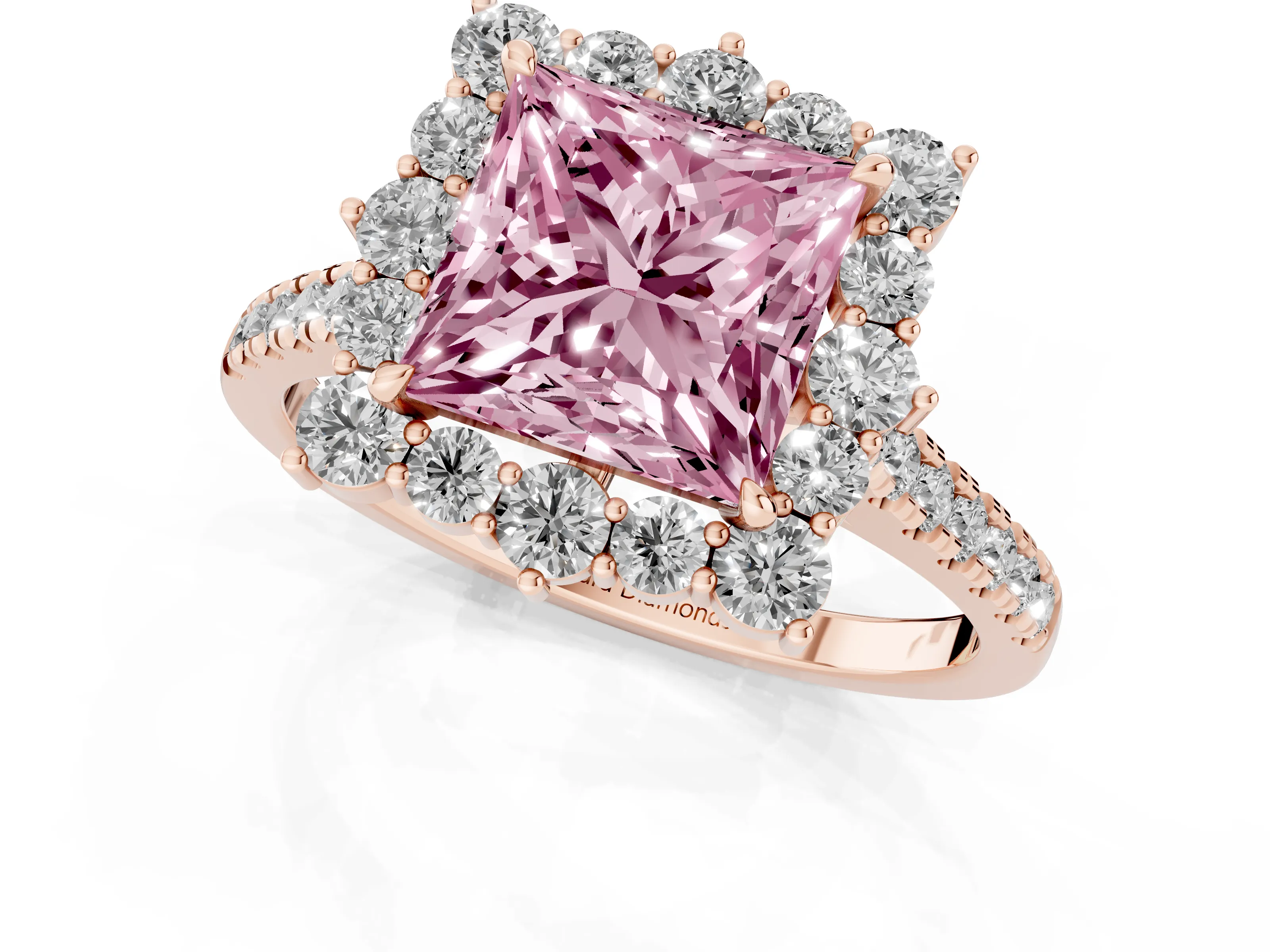 Fancy Pink Princess Cut Diamond Halo Ring Set in Rose gold with Pavé Band and Prong Setting