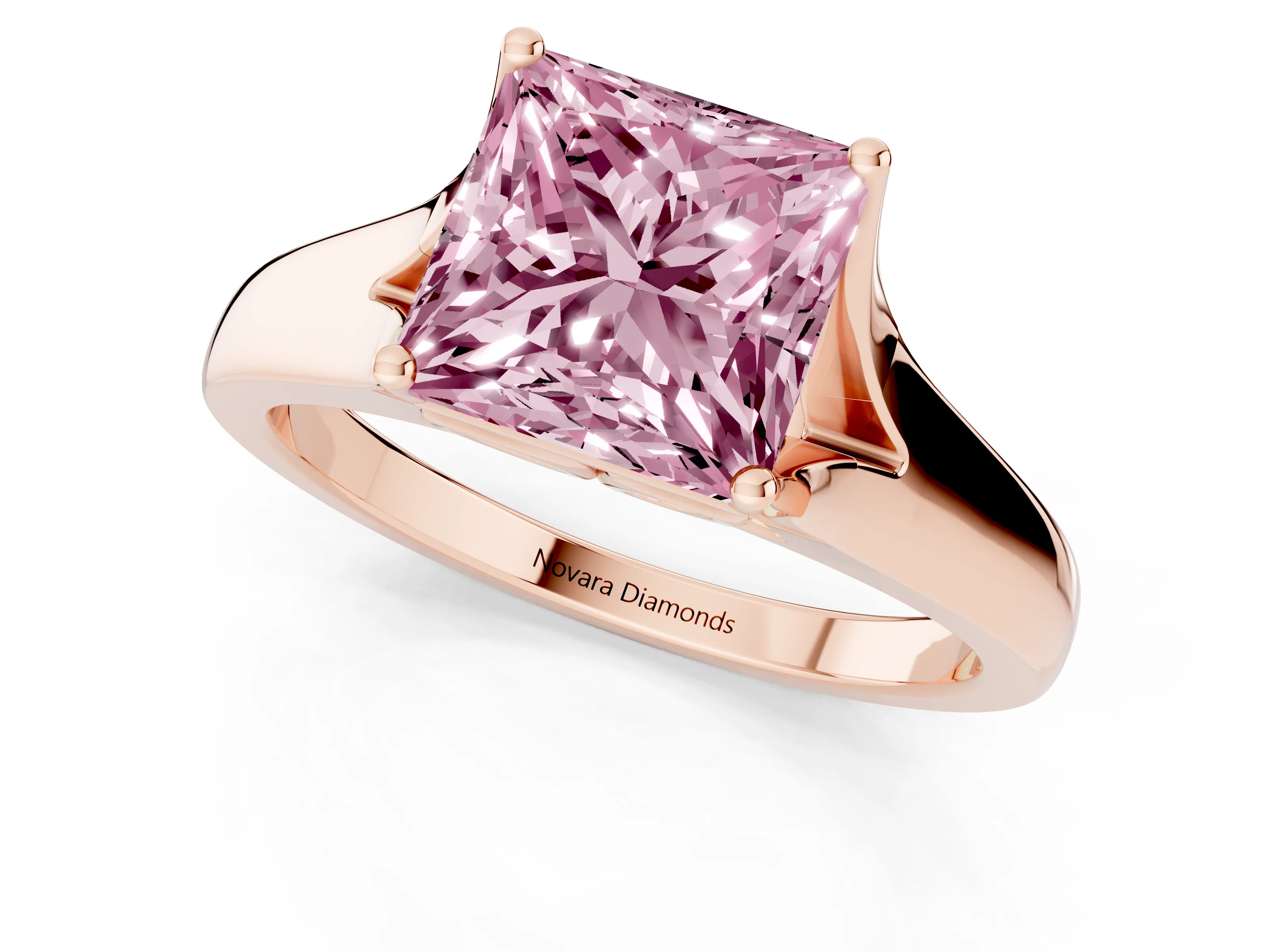 Fancy Pink Princess Cut Diamond Solitaire Ring Set in Rose gold with Arched Cathedral Band and Prong Setting