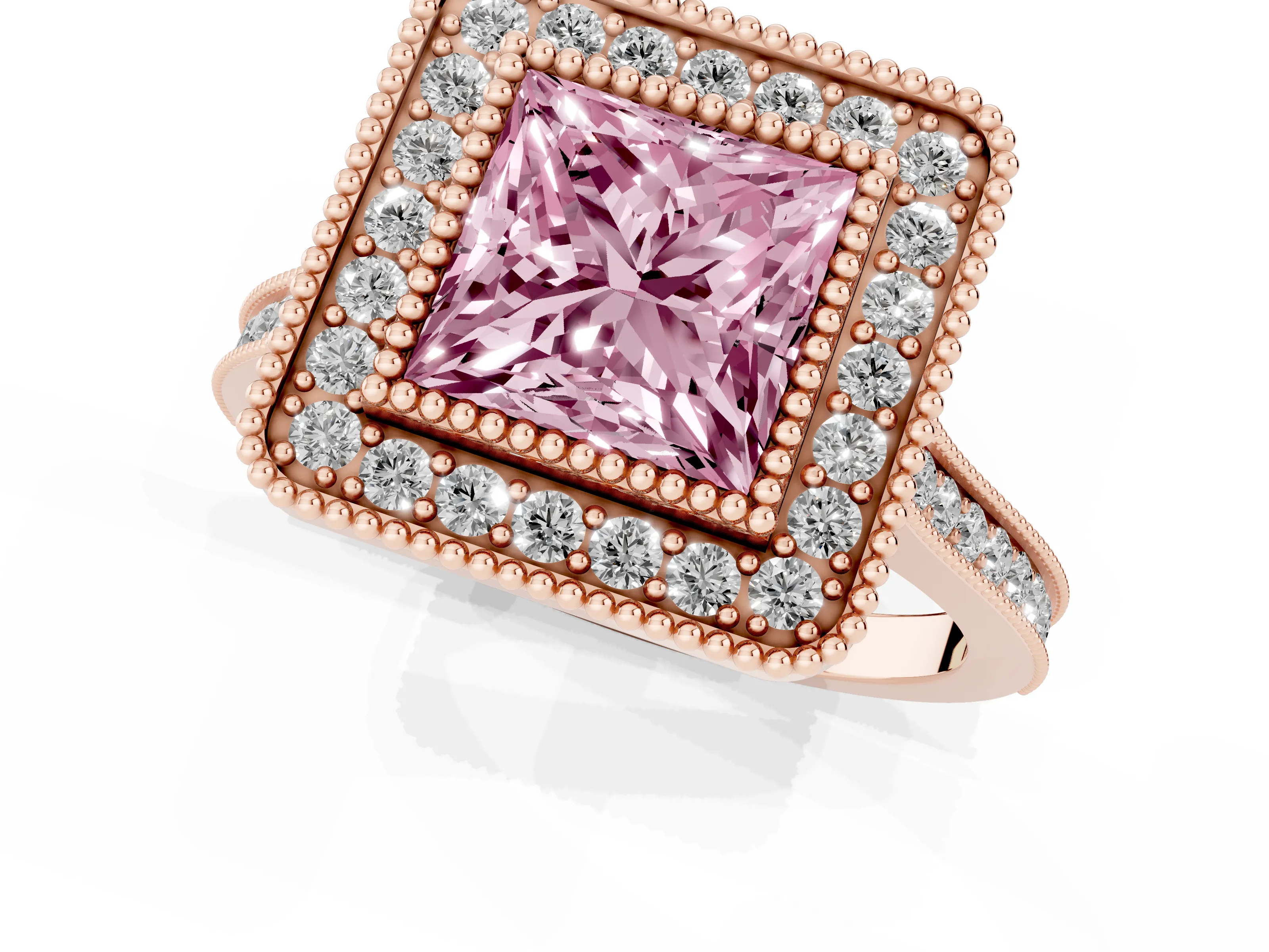 Fancy Pink Princess Cut Diamond Halo Ring Set in Rose gold with Milgrain Frame and Pavé Band