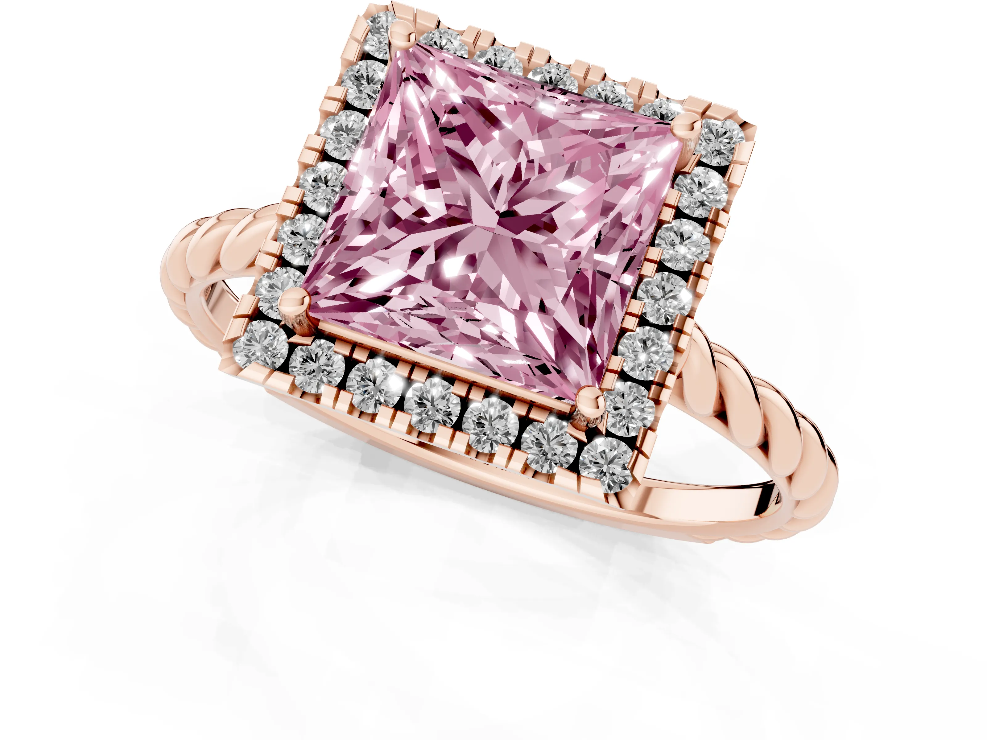 Fancy Pink Princess Cut Diamond Halo Ring Set in Rose gold with Plain Twisted Band