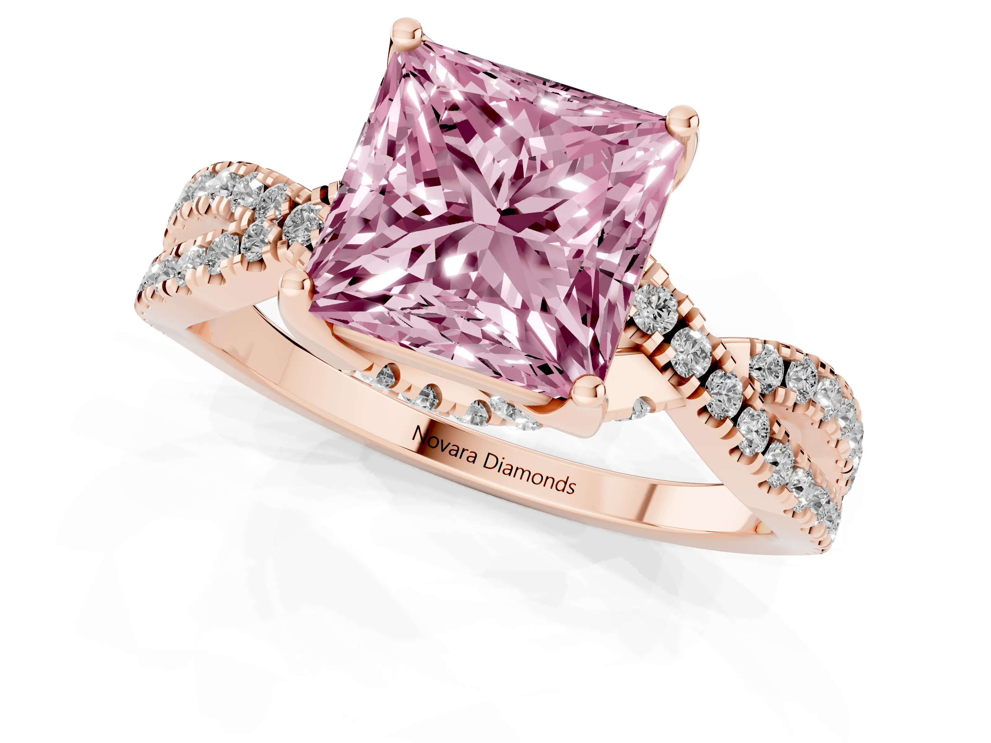 Fancy Pink Princess Cut Diamond Twist Pavé Solitaire Engagement Ring Set in Rose gold with Prong Setting