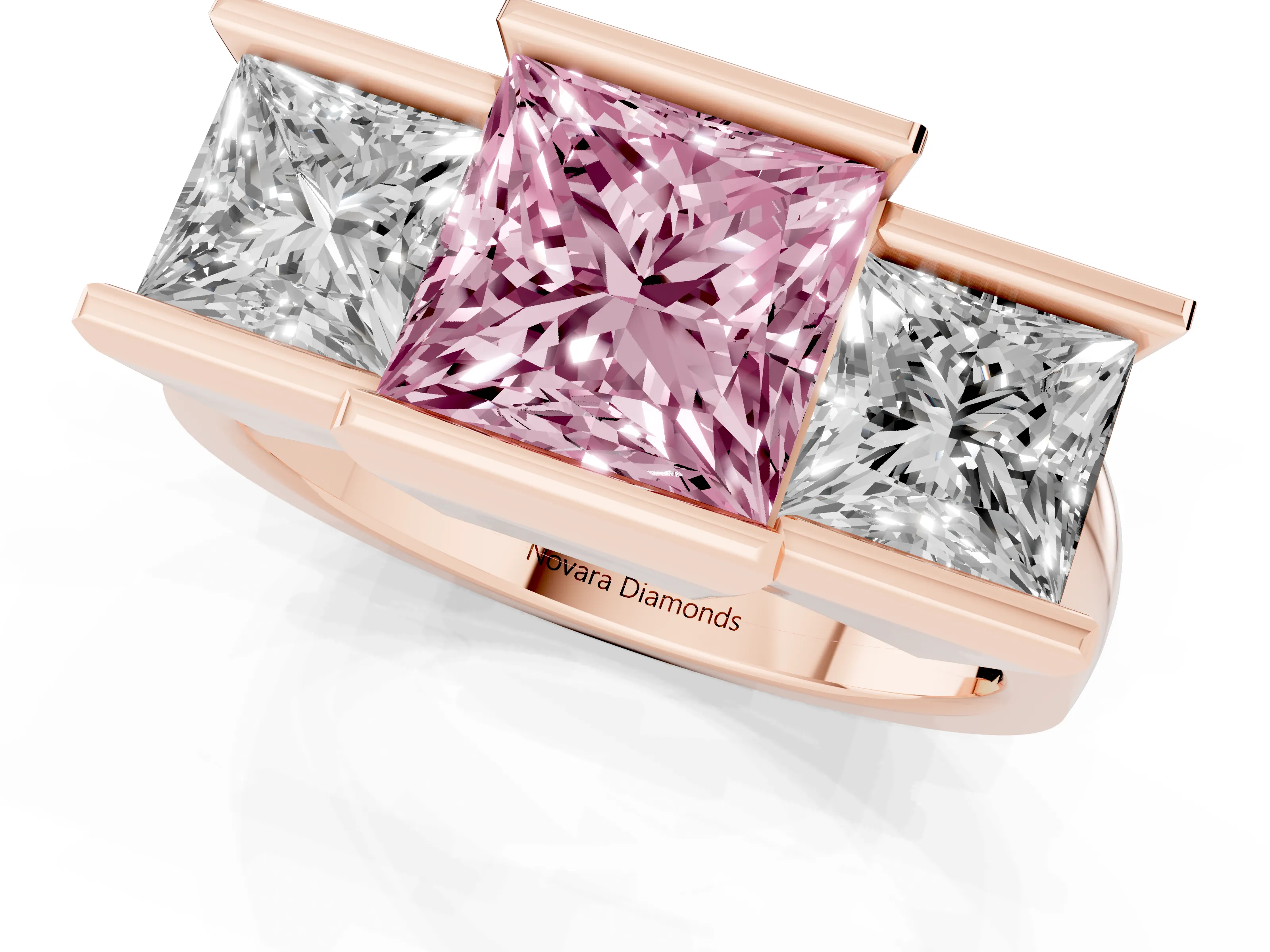 Fancy Pink Princess Cut Diamond Three-Stone Channel Set Ring Set in Rose gold with Smooth Polished Band