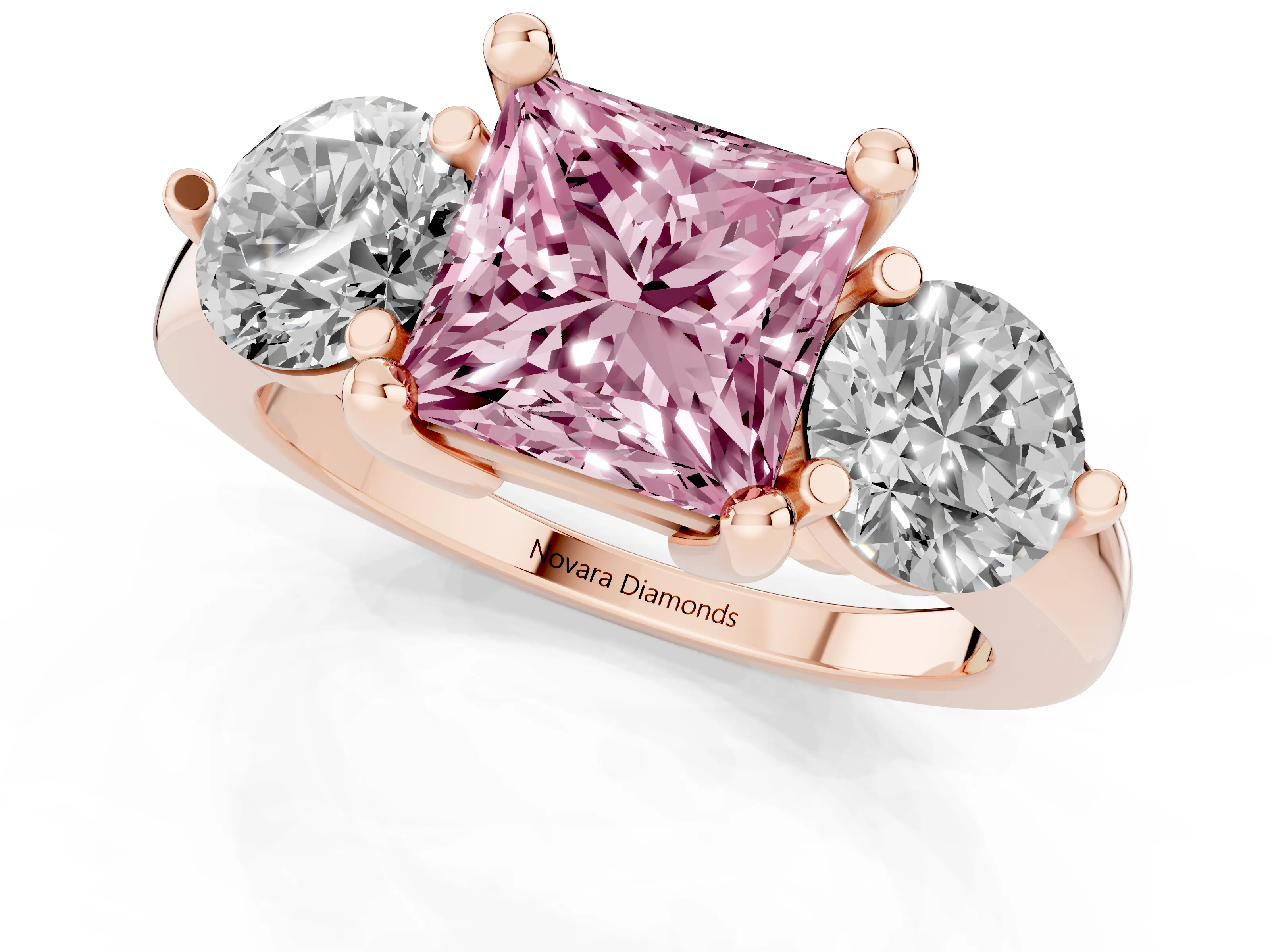 Fancy Pink Princess Cut Diamond Three-Stone Ring Set in Rose gold with Prong Setting and Classic Band