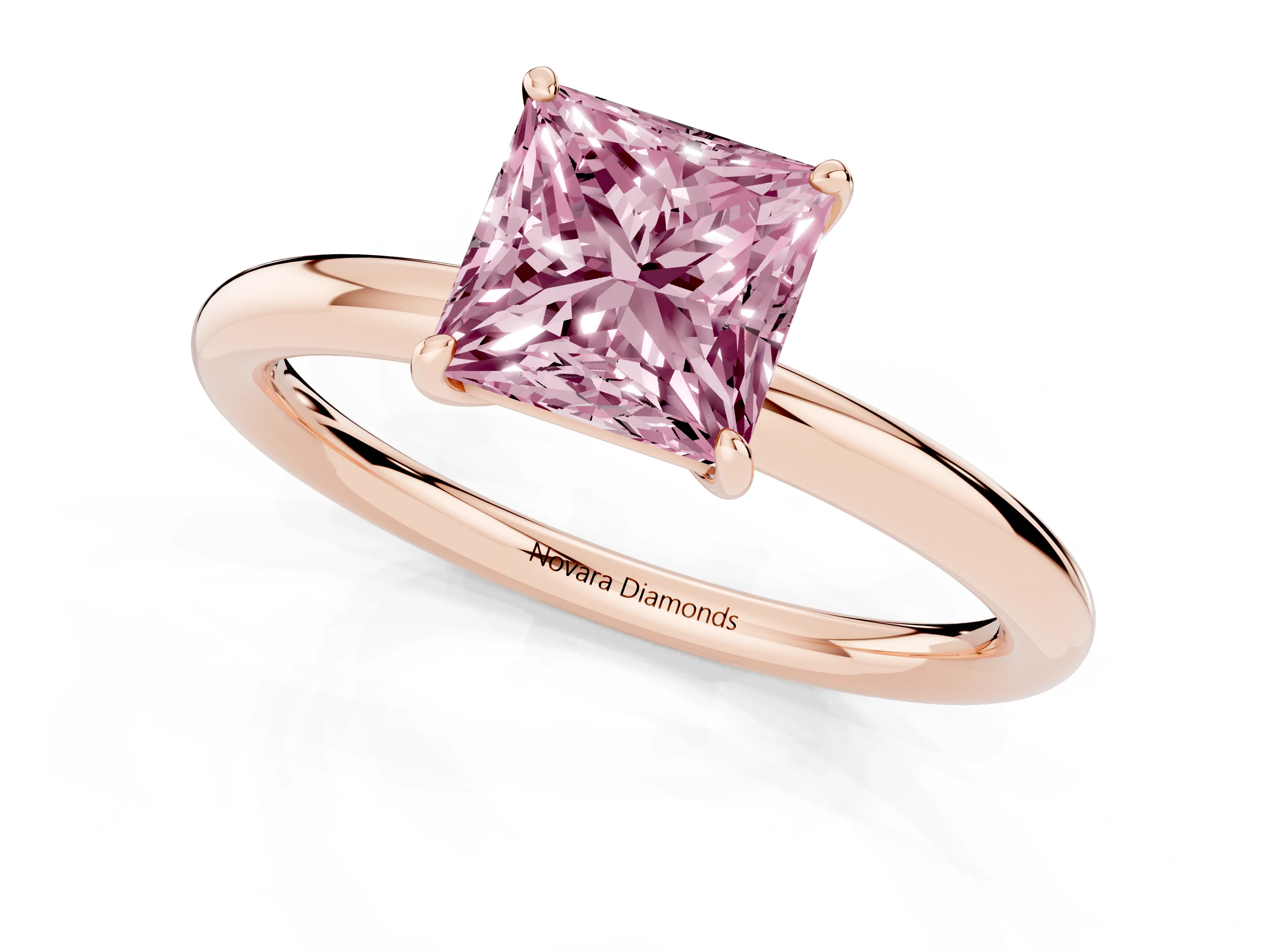 Fancy Pink Princess Cut Diamond Solitaire Ring Set in Rose gold with Prong Setting on a Polished Plain Band
