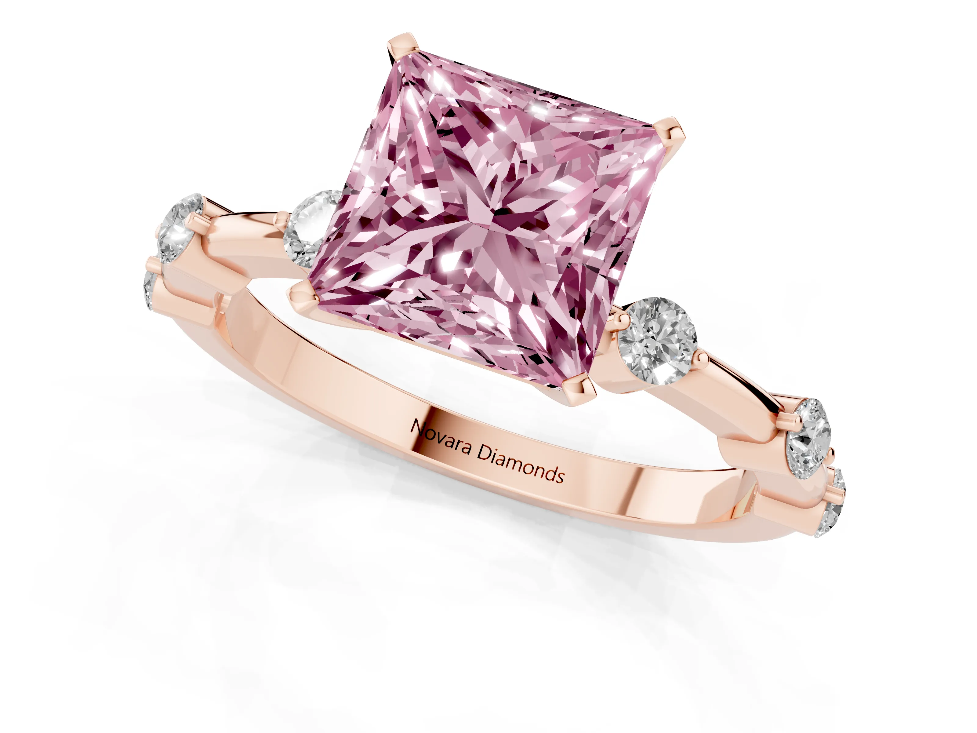 Fancy Pink Princess Cut Diamond Solitaire Ring Set in Rose gold with Bezel Set Side Stones and Prong Setting