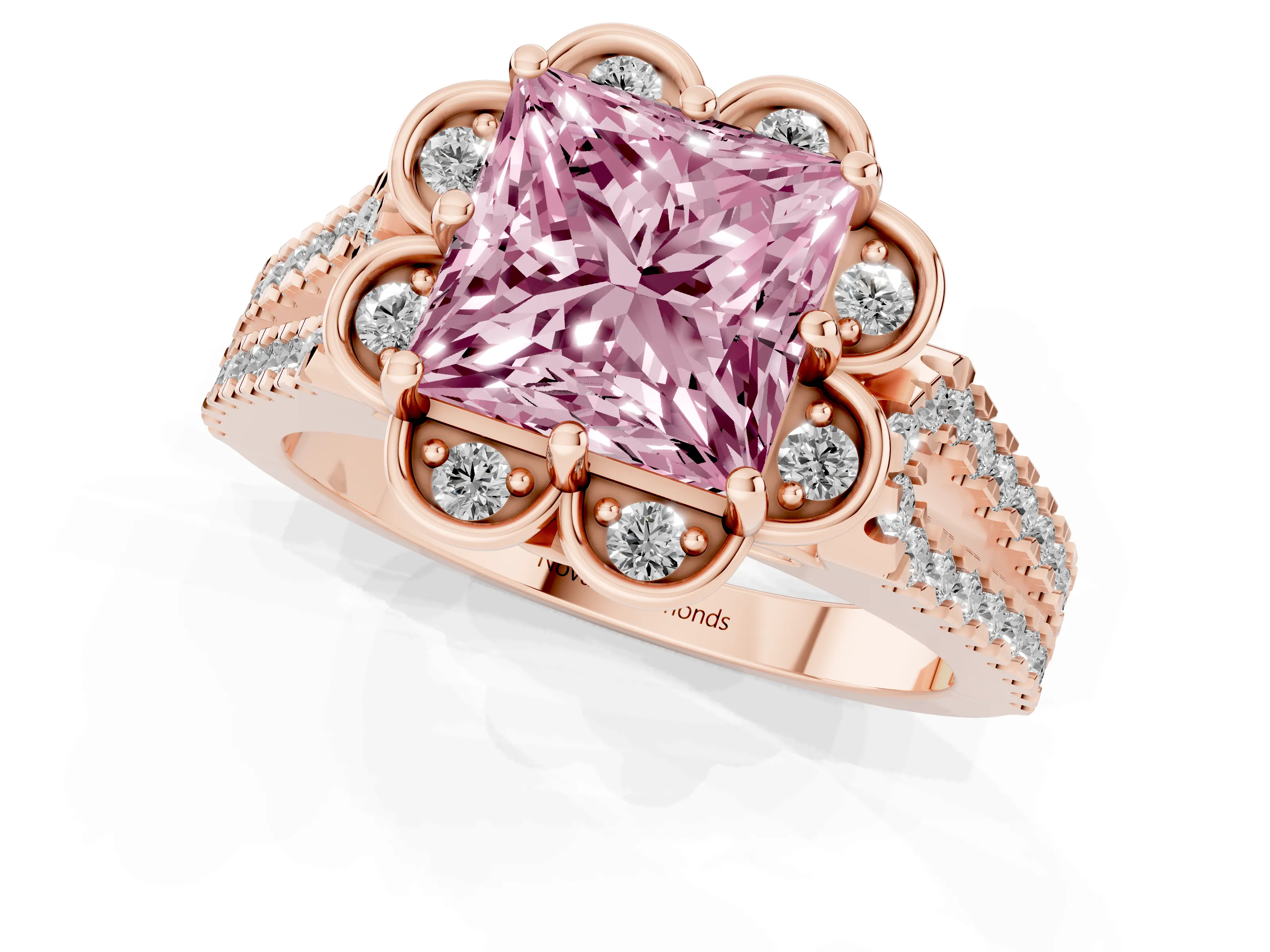 Fancy Pink Princess Cut Diamond Floral Halo Split Shank Engagement Ring Set in Rose gold with Pavé Shank