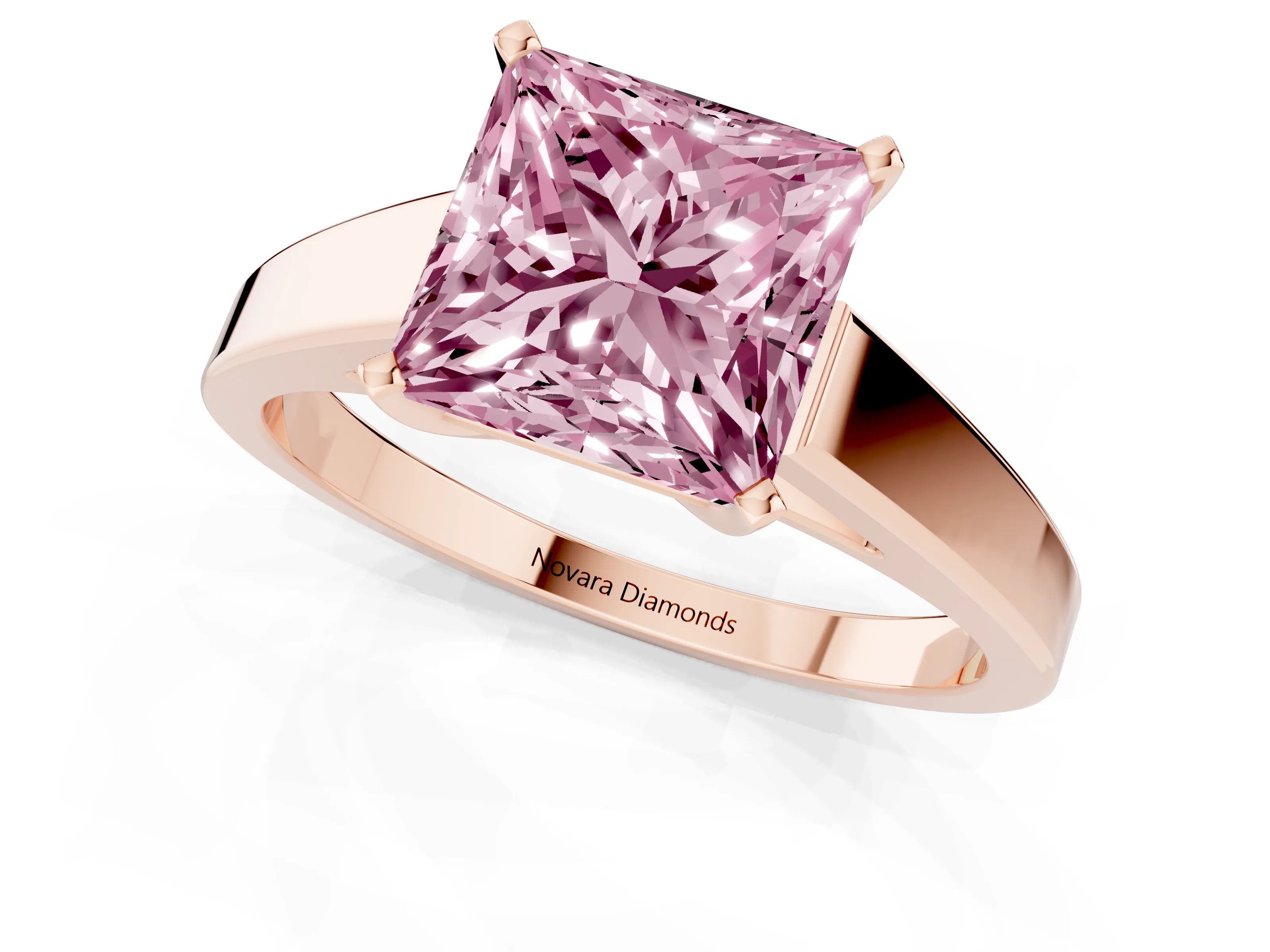 Fancy Pink Princess Cut Diamond Solitaire Engagement Ring Set in Rose gold with Prong Setting and Tapered Band