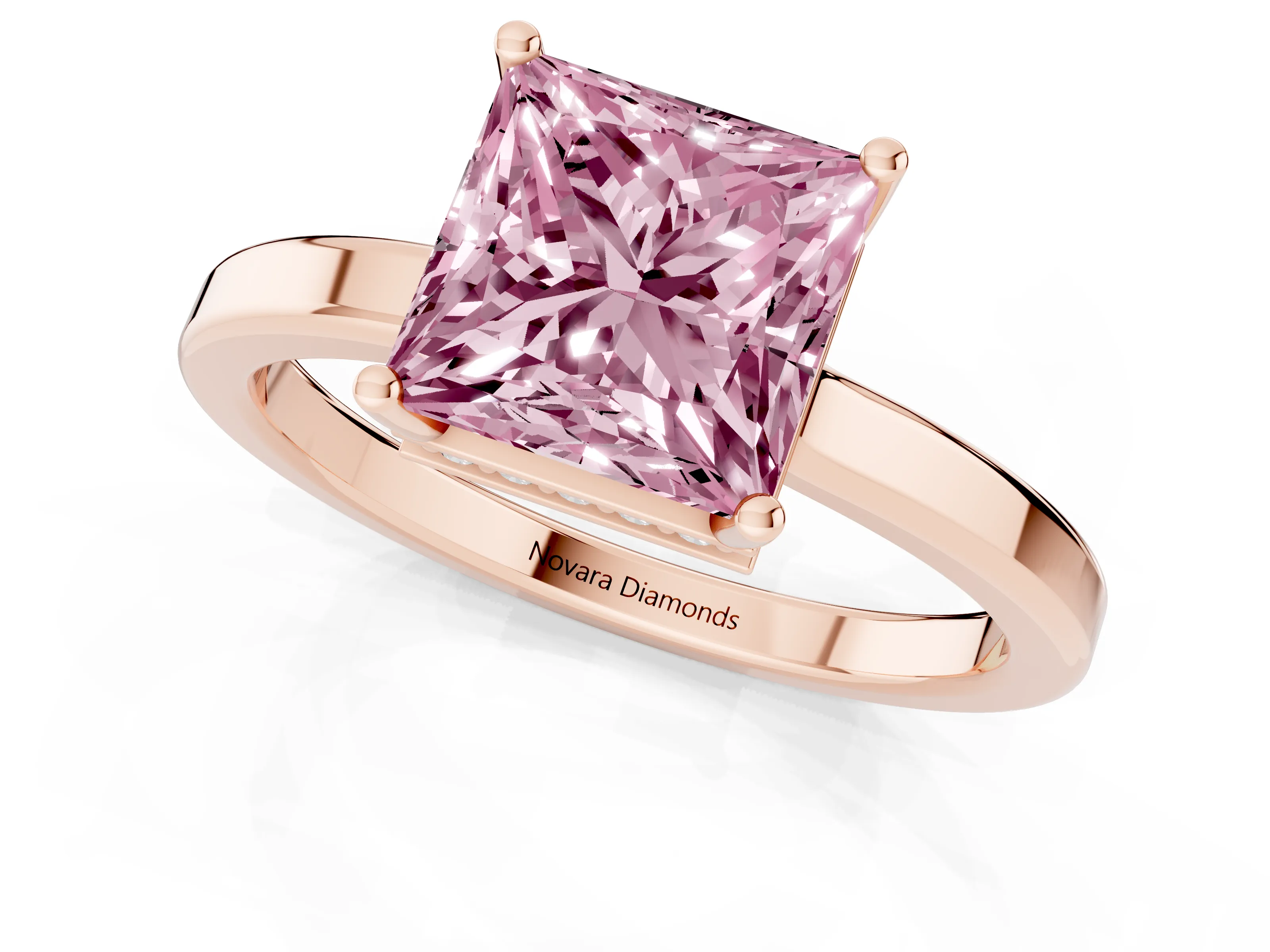 Fancy Pink Princess Cut Diamond Solitaire Engagement Ring Set in Rose gold with Prong Setting on a Plain Band