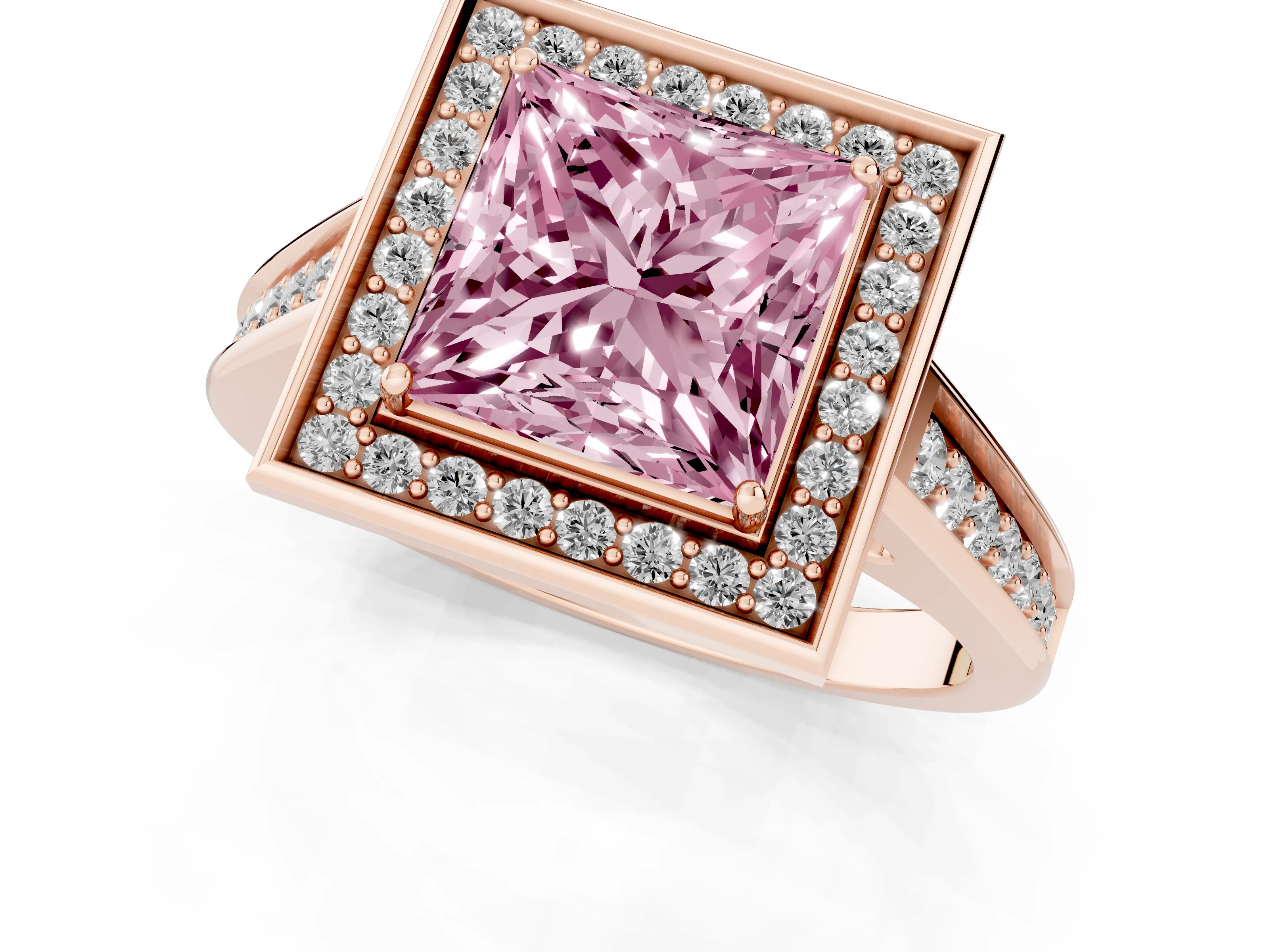 Fancy Pink Princess Cut Diamond Halo Solitaire Ring Set in Rose gold with Pavé Band and Bezel Setting