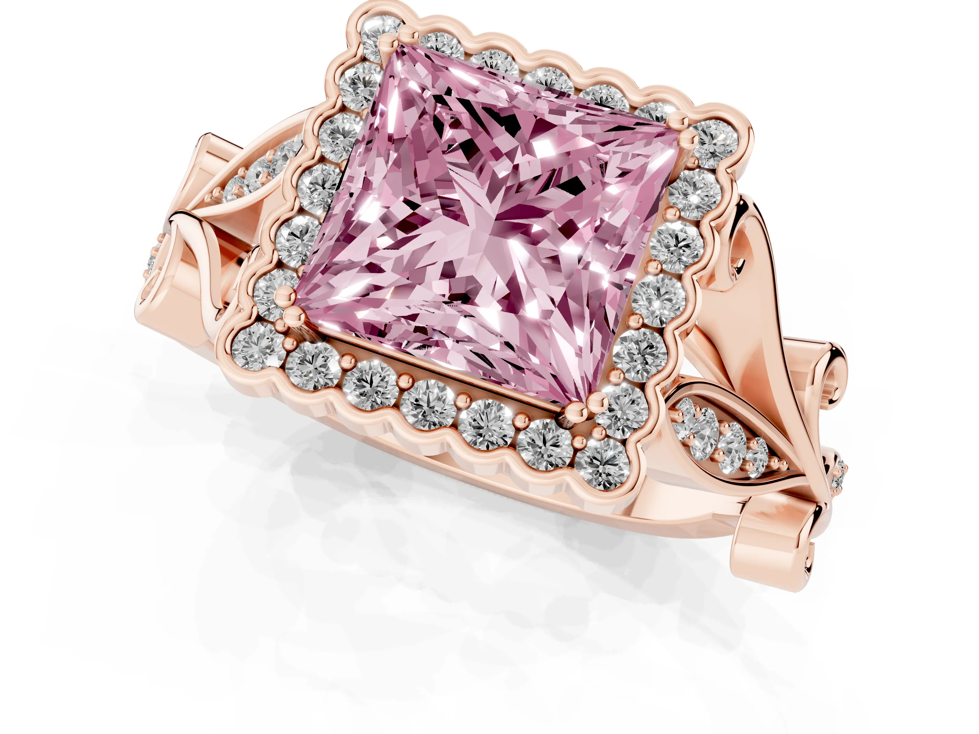 Fancy Pink Princess Cut Diamond Halo Ring Set in Rose gold with Leaf Motif Split Shank and Prong Setting