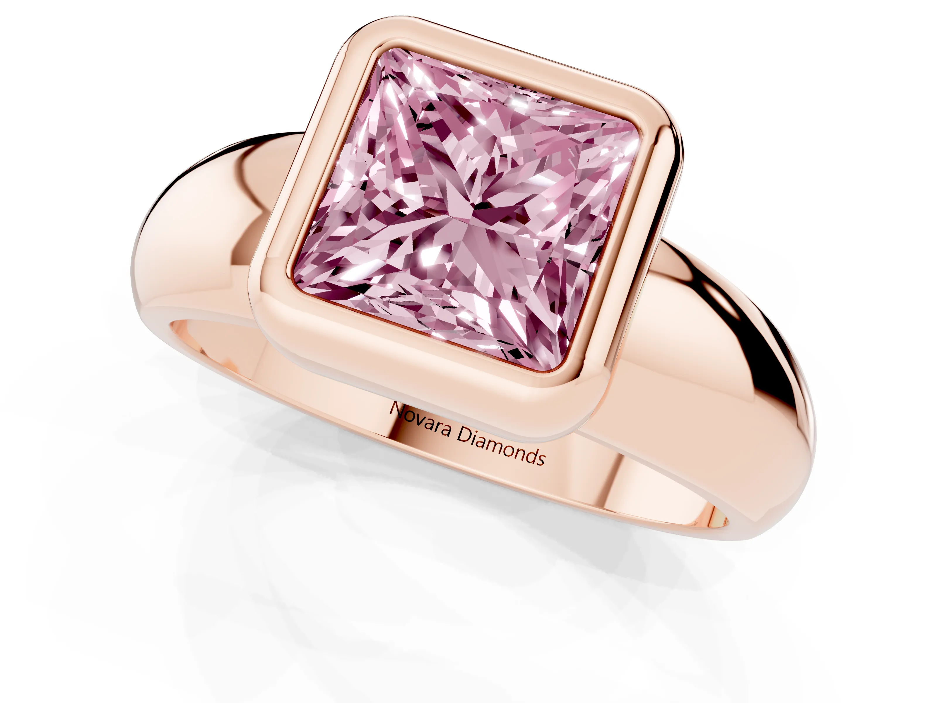 Fancy Pink Bezel Set Princess Cut Diamond Solitaire Ring Set in Rose gold with Wide Band