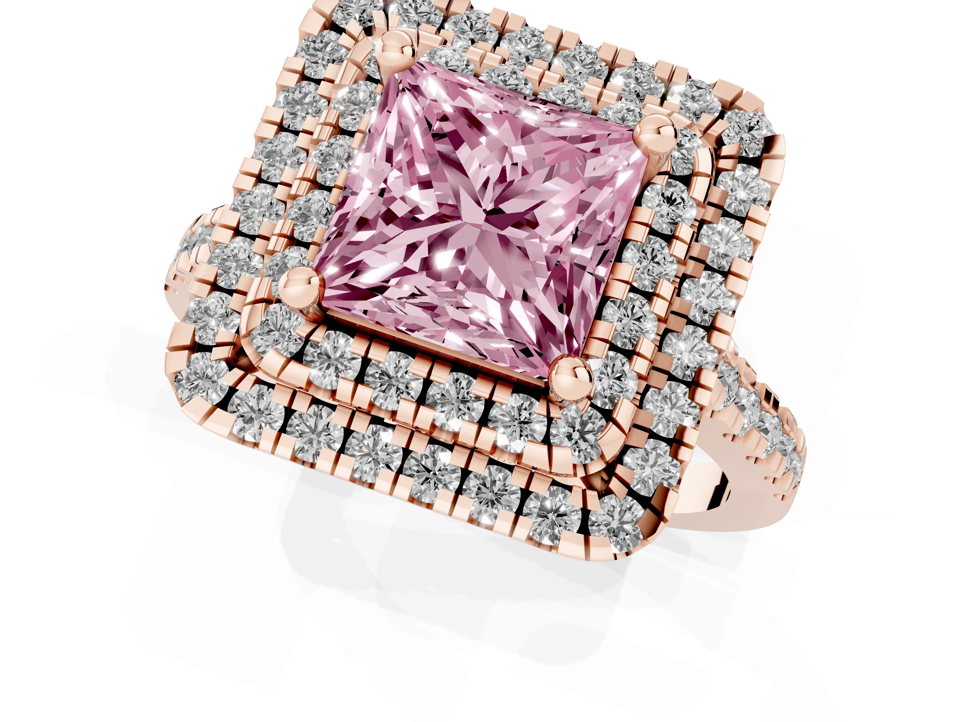 Fancy Pink Princess Cut Diamond Double Halo Statement Ring Set in Rose gold with Pavé Band