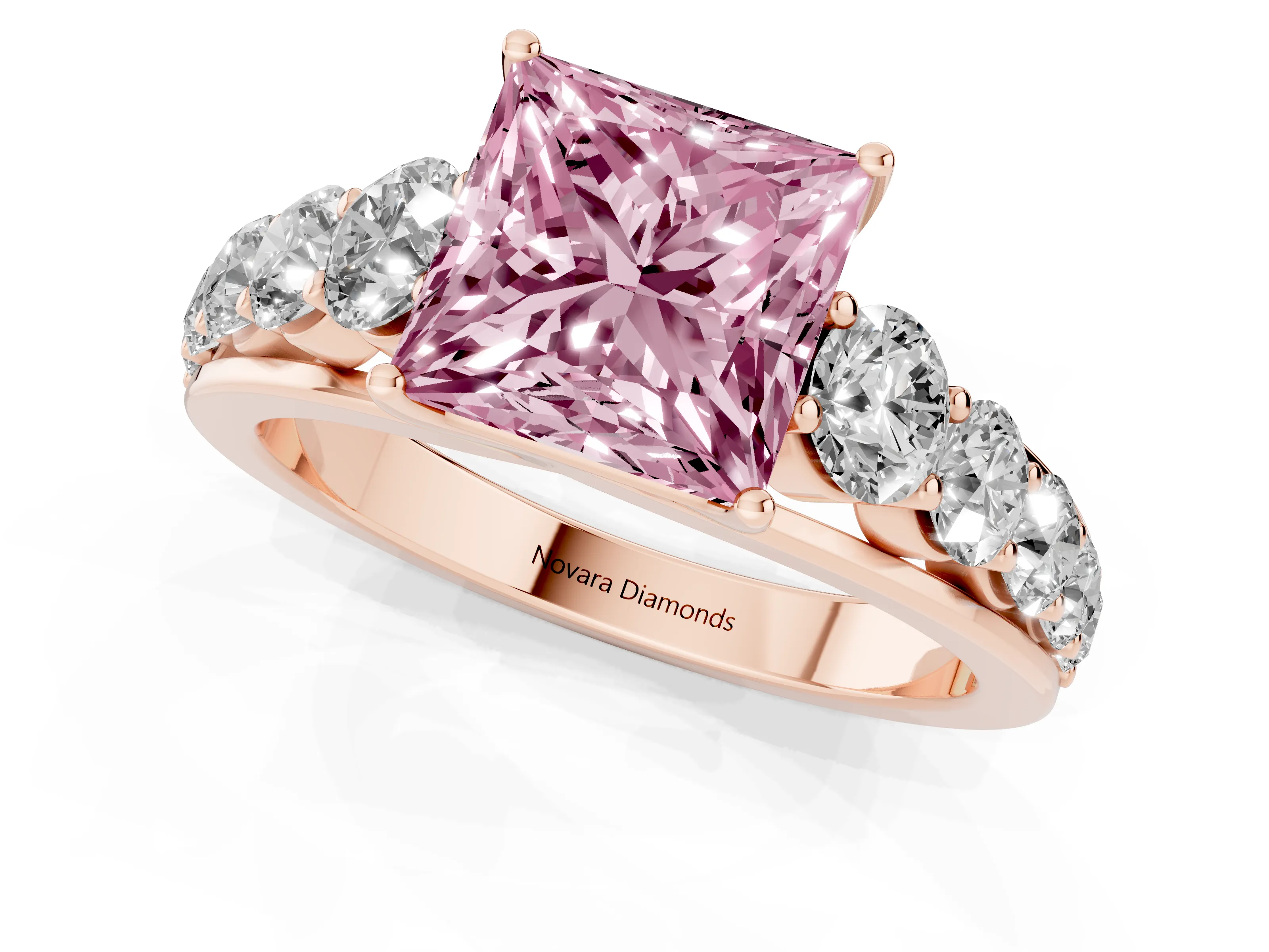 Fancy Pink Princess Cut Diamond Solitaire Ring Set in Rose gold with Pavé-Set Band and Prong Setting