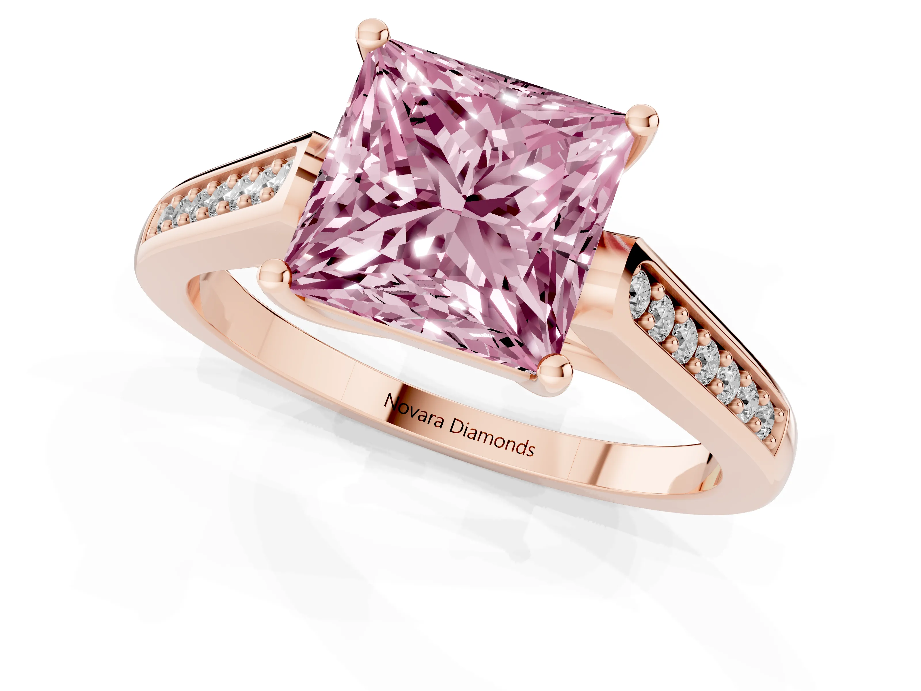 Fancy Pink Princess Cut Diamond Solitaire Cathedral Engagement Ring Set in Rose gold with Channel-Set Band and Prong Setting