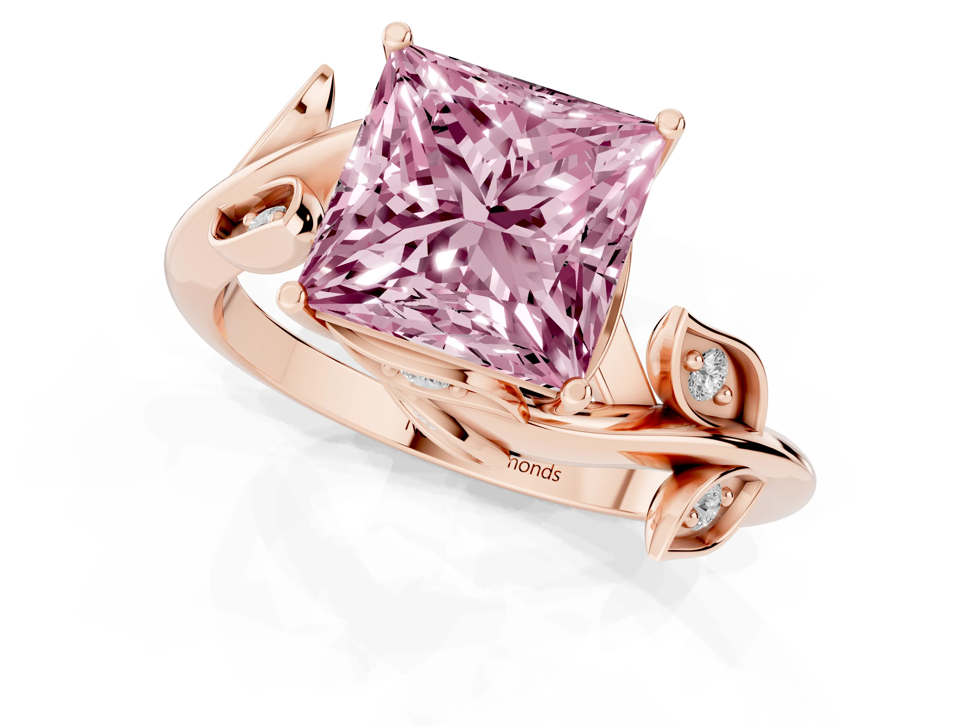Fancy Pink Princess Cut Diamond Solitaire Twist Engagement Ring Set in Rose gold with Pavé Leaf Accents