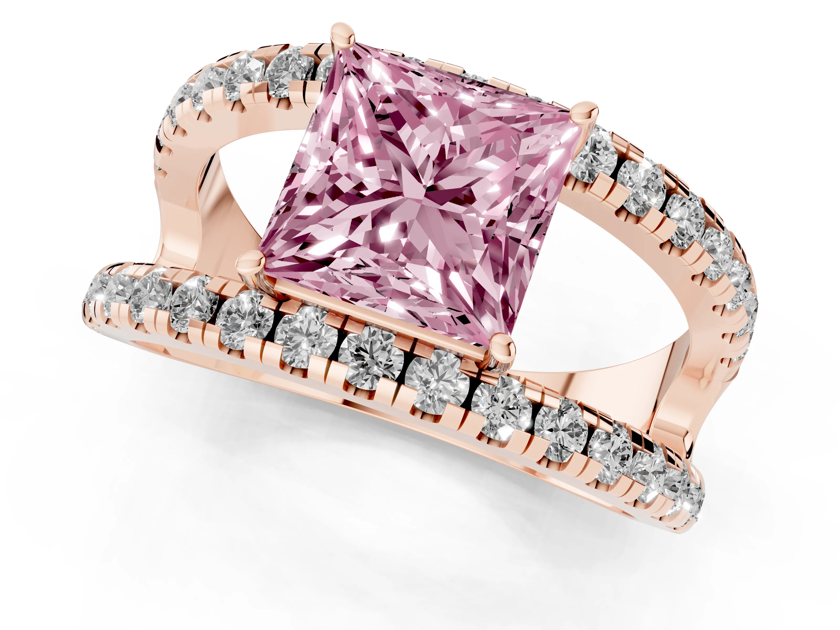 Fancy Pink Princess Cut Diamond Split Shank Pavé Solitaire Ring Set in Rose gold with Open Shank Design
