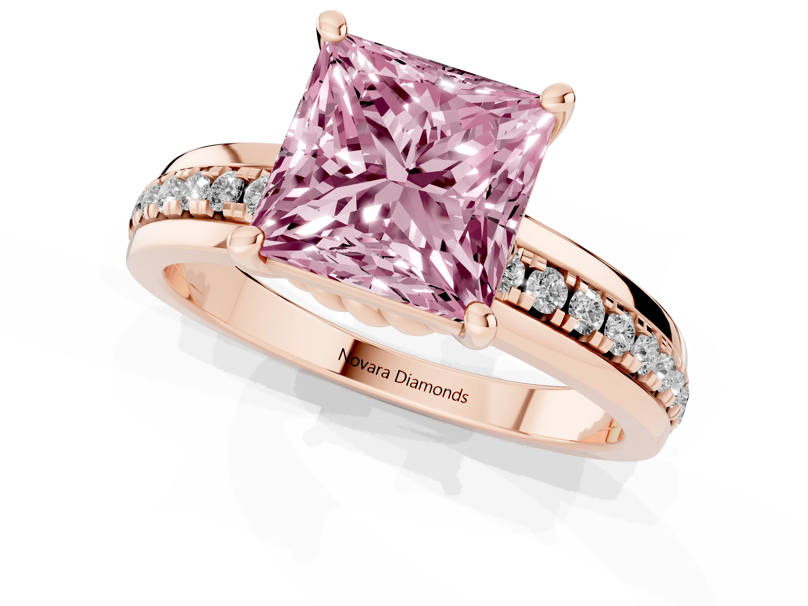 Fancy Pink Princess Cut Diamond Solitaire Ring Set in Rose gold with Channel Set Band and Prong Setting