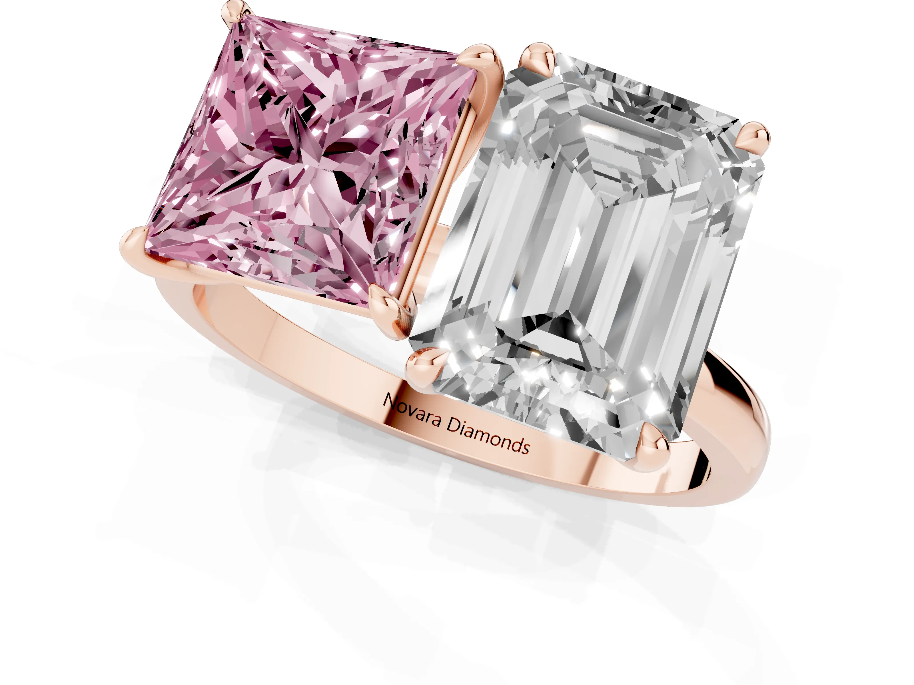 Fancy Pink Princess Cut and Emerald Cut Toi Moi Ring Set in Rose gold with Prong Setting