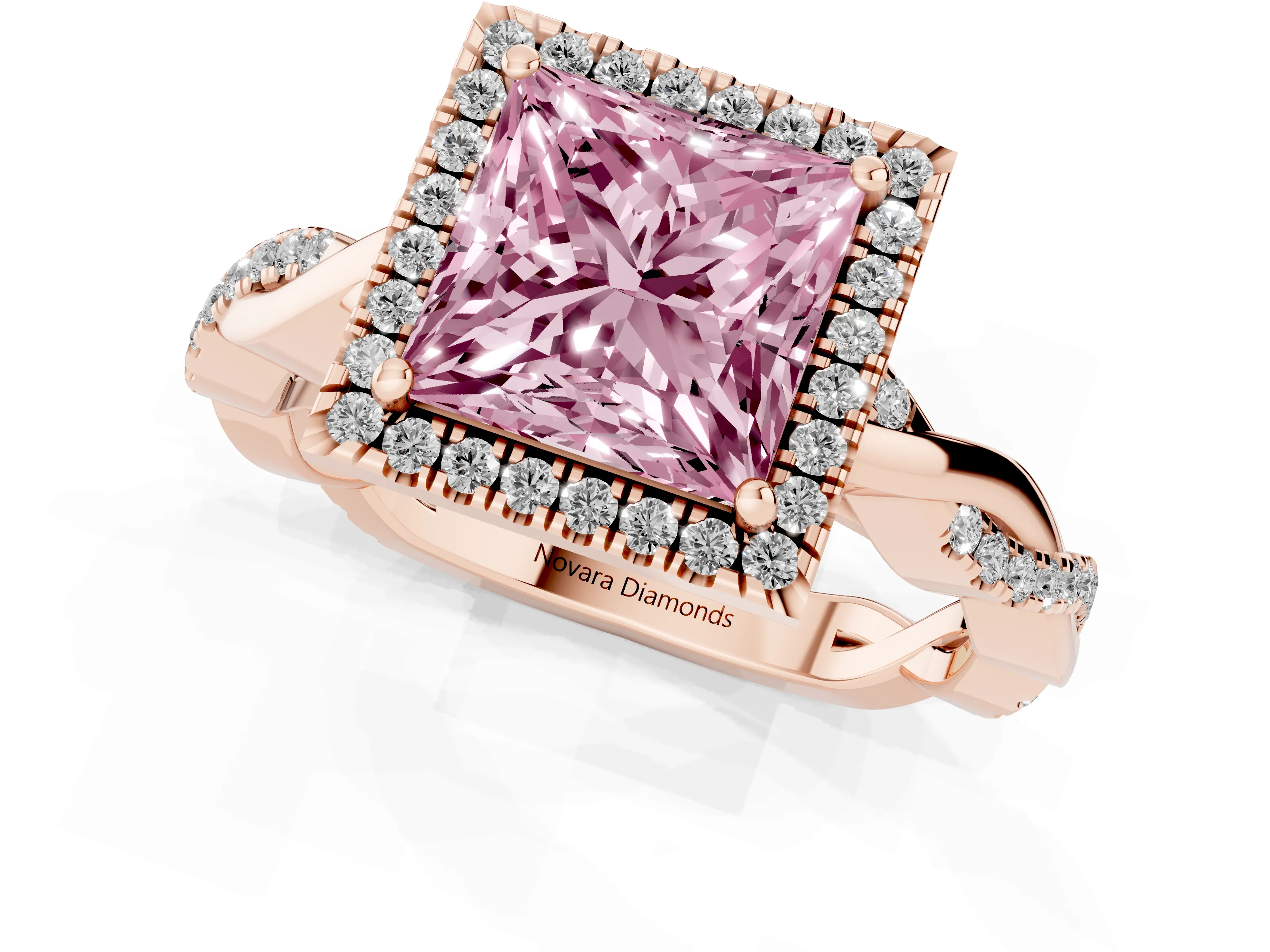 Fancy Pink Princess Cut Diamond Halo Twisted Band Ring Set in Rose gold with Prong Setting
