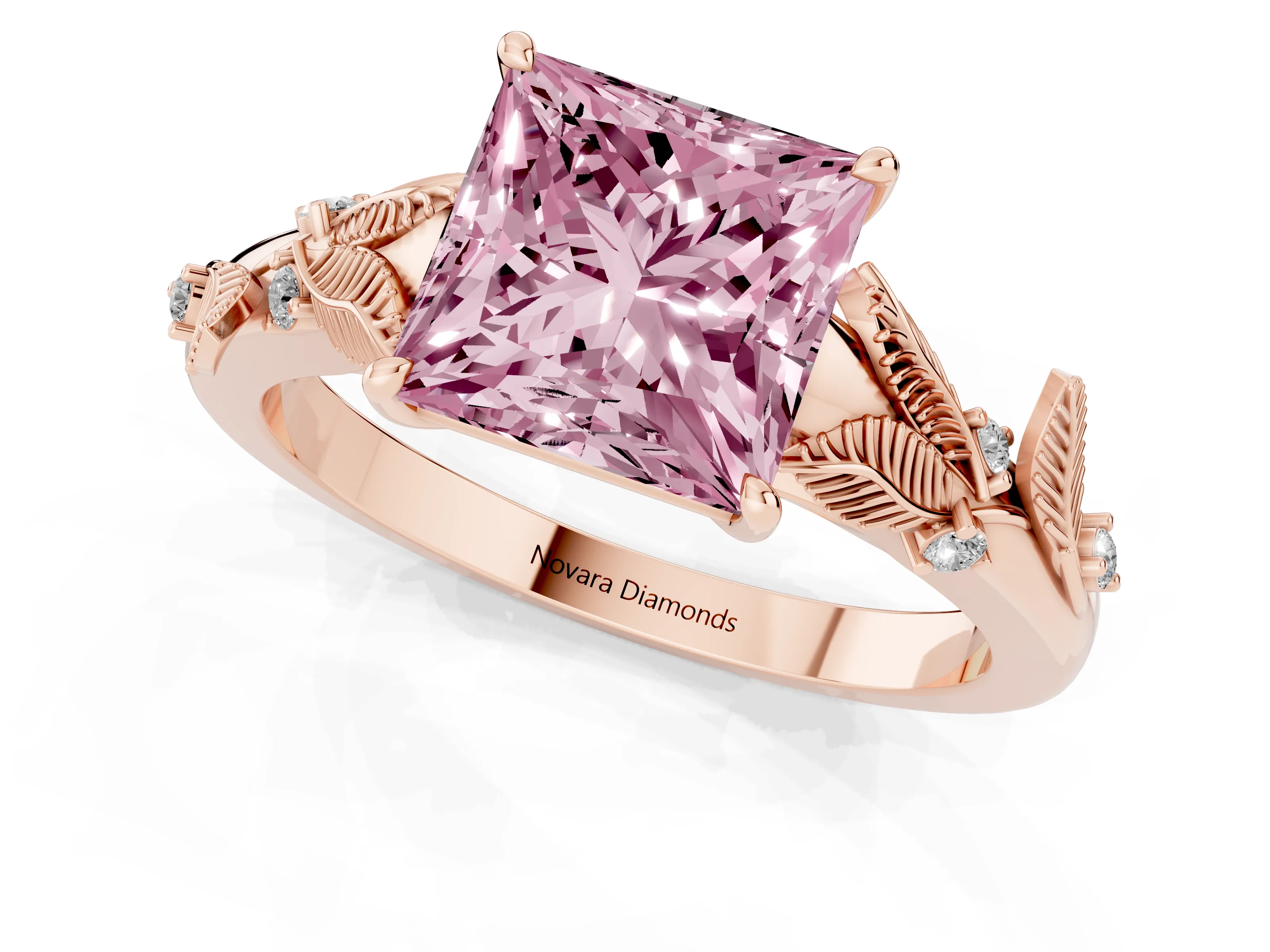 Fancy Pink Princess Cut Diamond Solitaire Ring Set in Rose gold with Leaf Motif Band