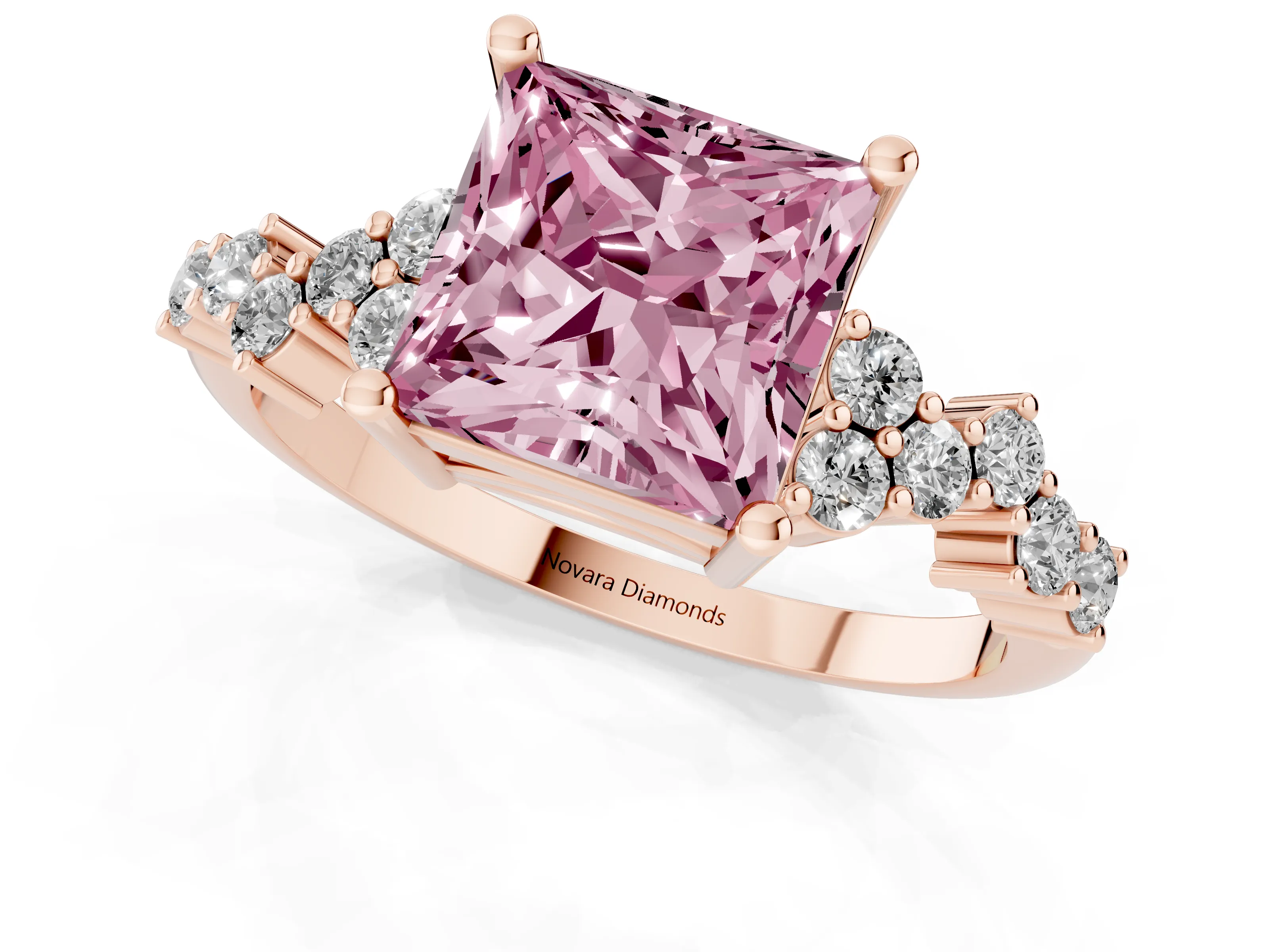 Fancy Pink Princess Cut Diamond Ring Set in Rose gold with Scattered Round Accents
