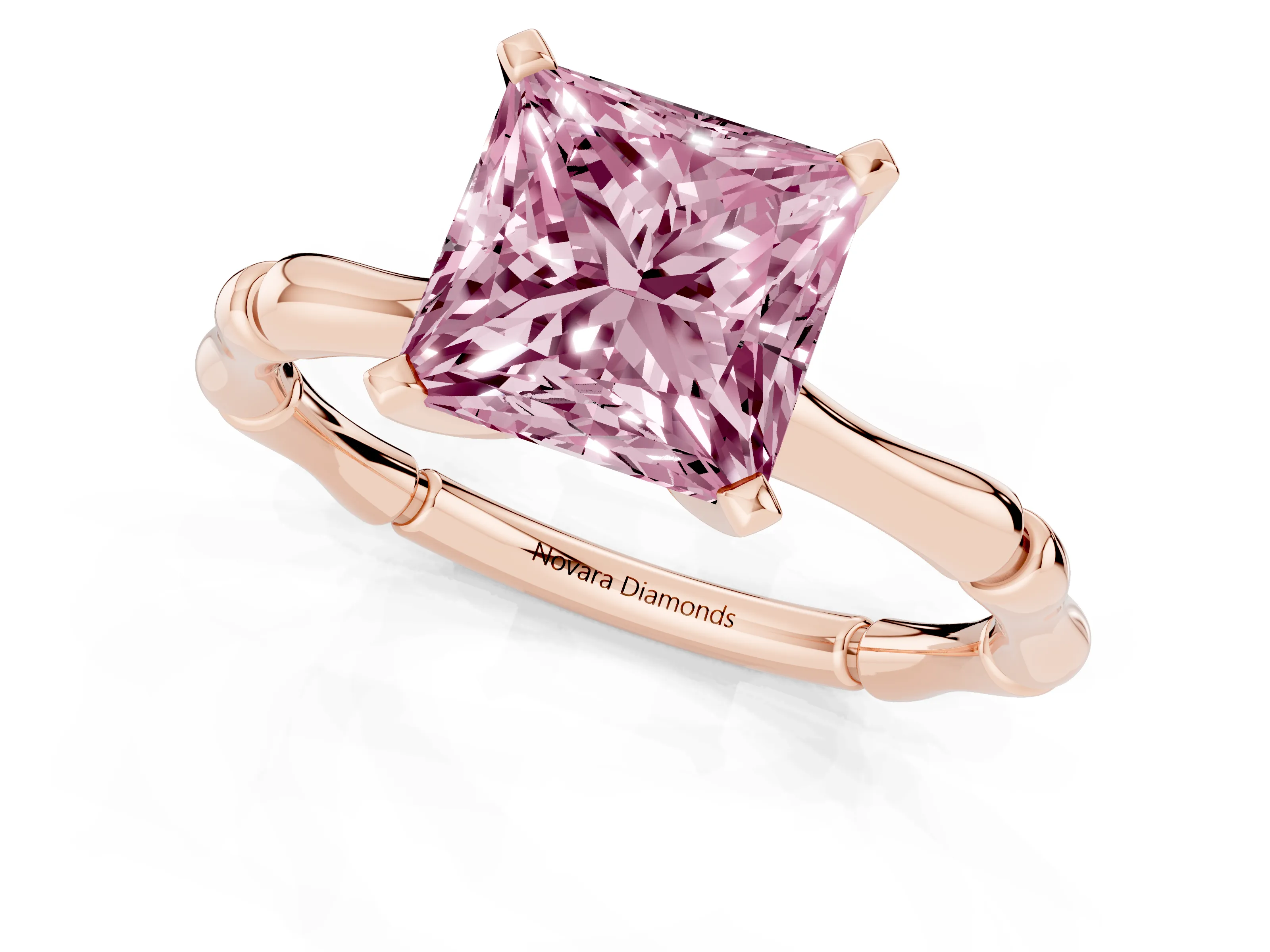 Fancy Pink Princess Cut Diamond Solitaire Ring Set in Rose gold with Bamboo Band and Prong Setting