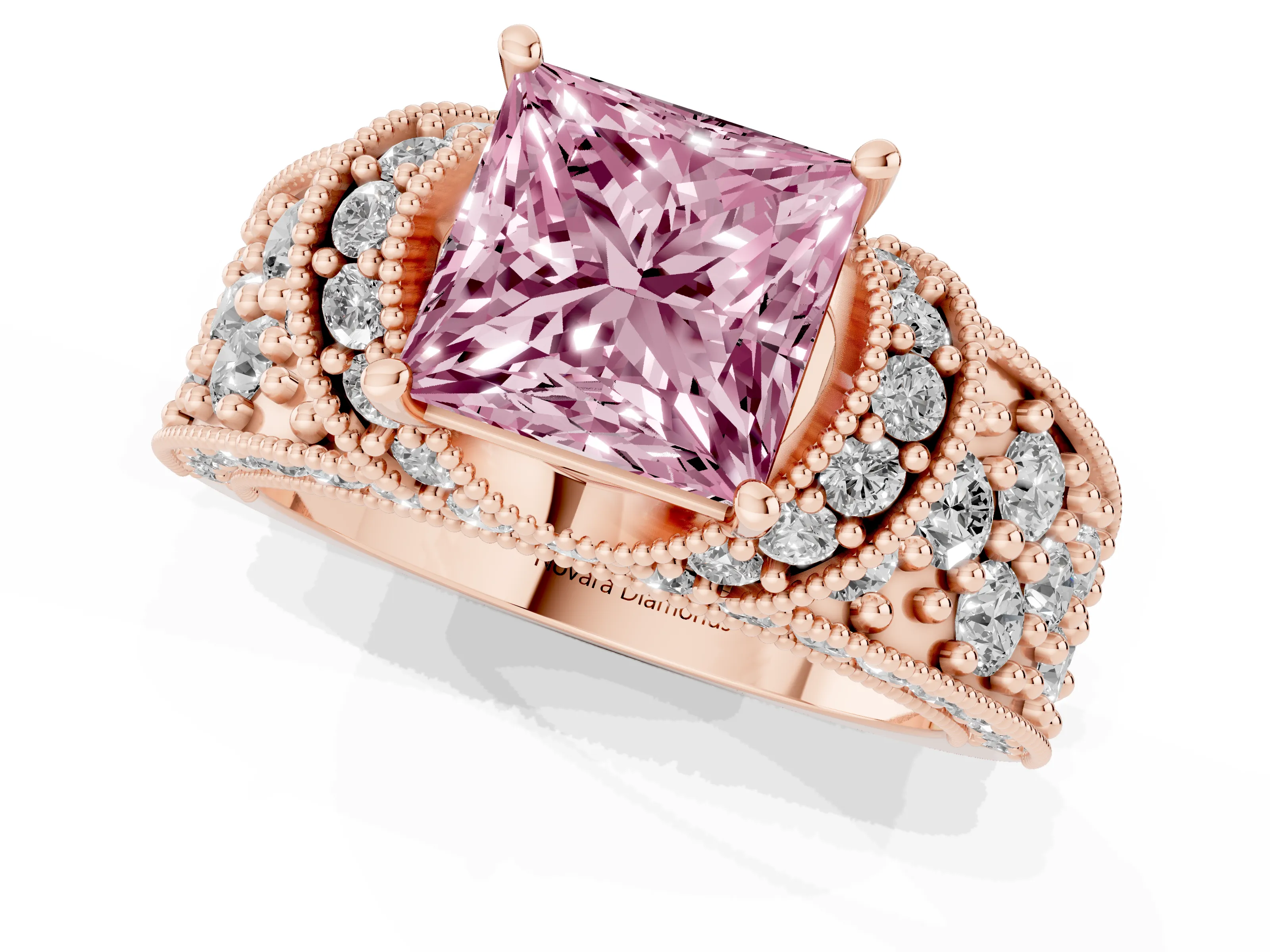 Fancy Pink Princess Cut Diamond Milgrain Halo Pavé Engagement Ring Set in Rose gold with Prong Setting