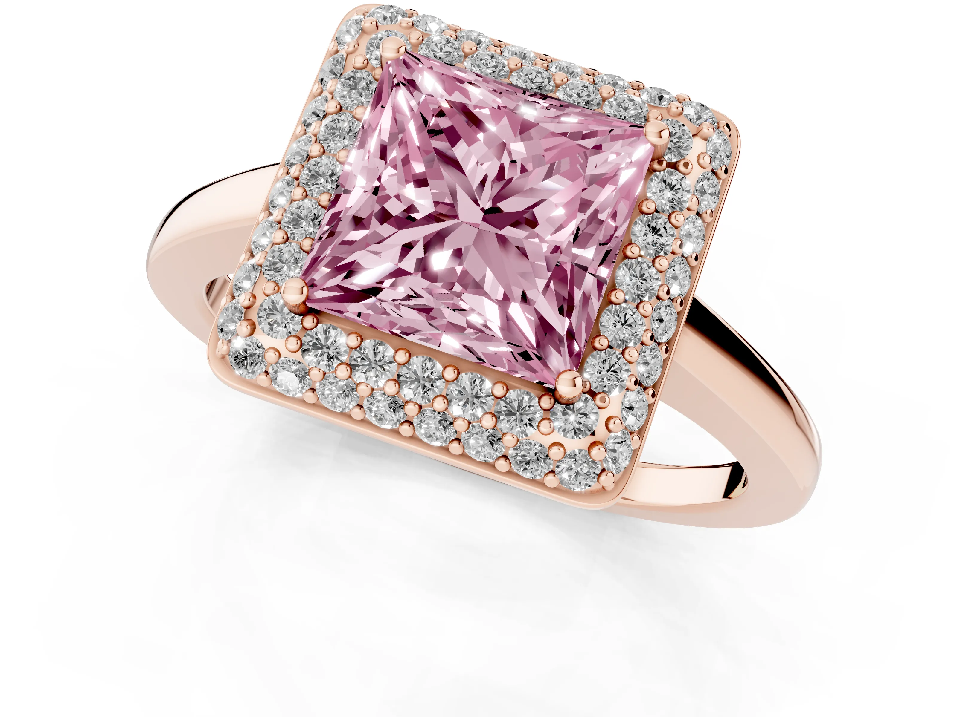 Fancy Pink Princess Cut Diamond Halo Engagement Ring Set in Rose gold with Solitaire Band and Prong Setting