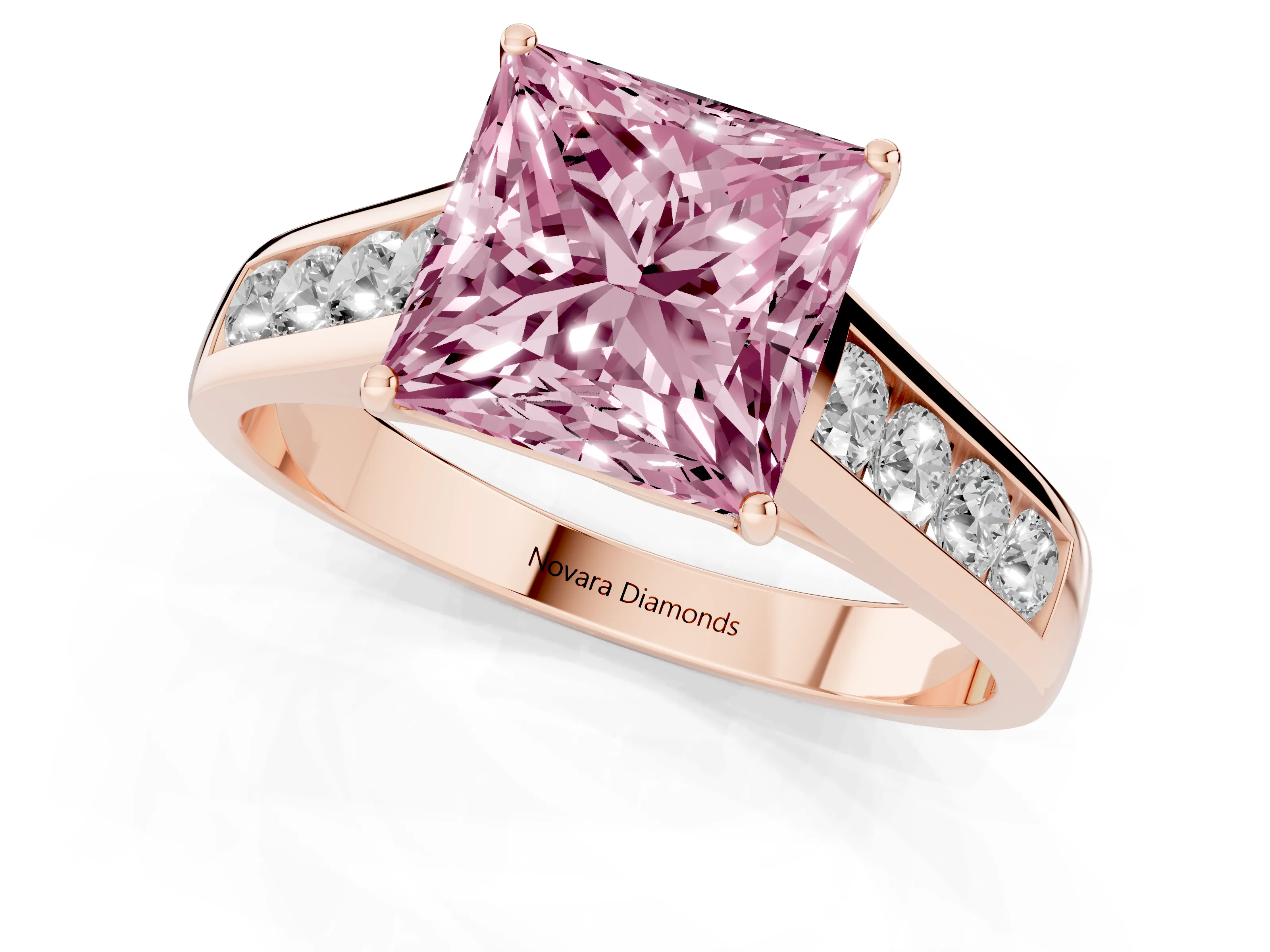 Fancy Pink Princess Cut Diamond Solitaire Channel-Set Engagement Ring Set in Rose gold with Prong Setting