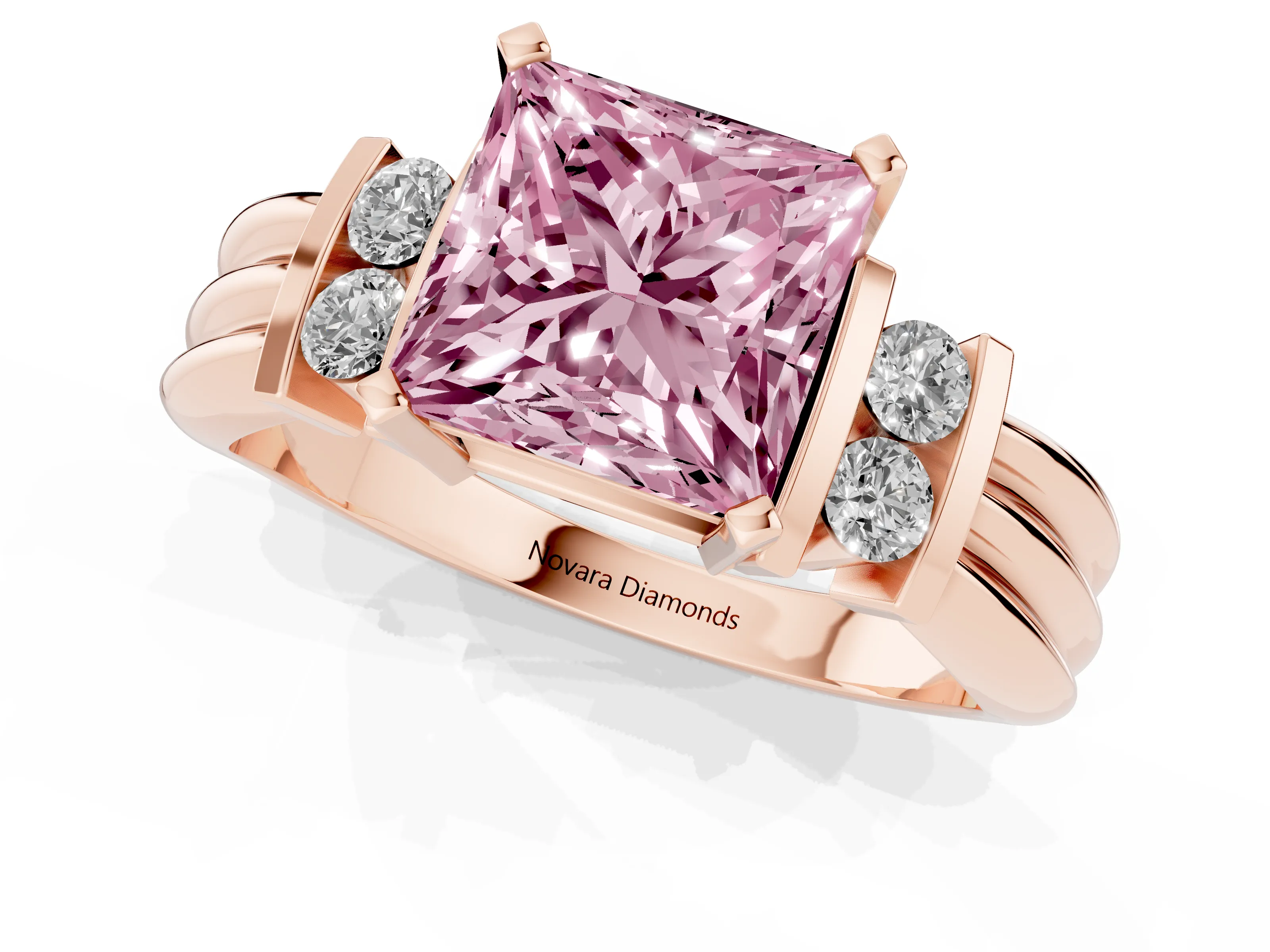 Fancy Pink Three-Stone Princess Cut Diamond Channel Set Ring Set in Rose gold with Bar Prongs