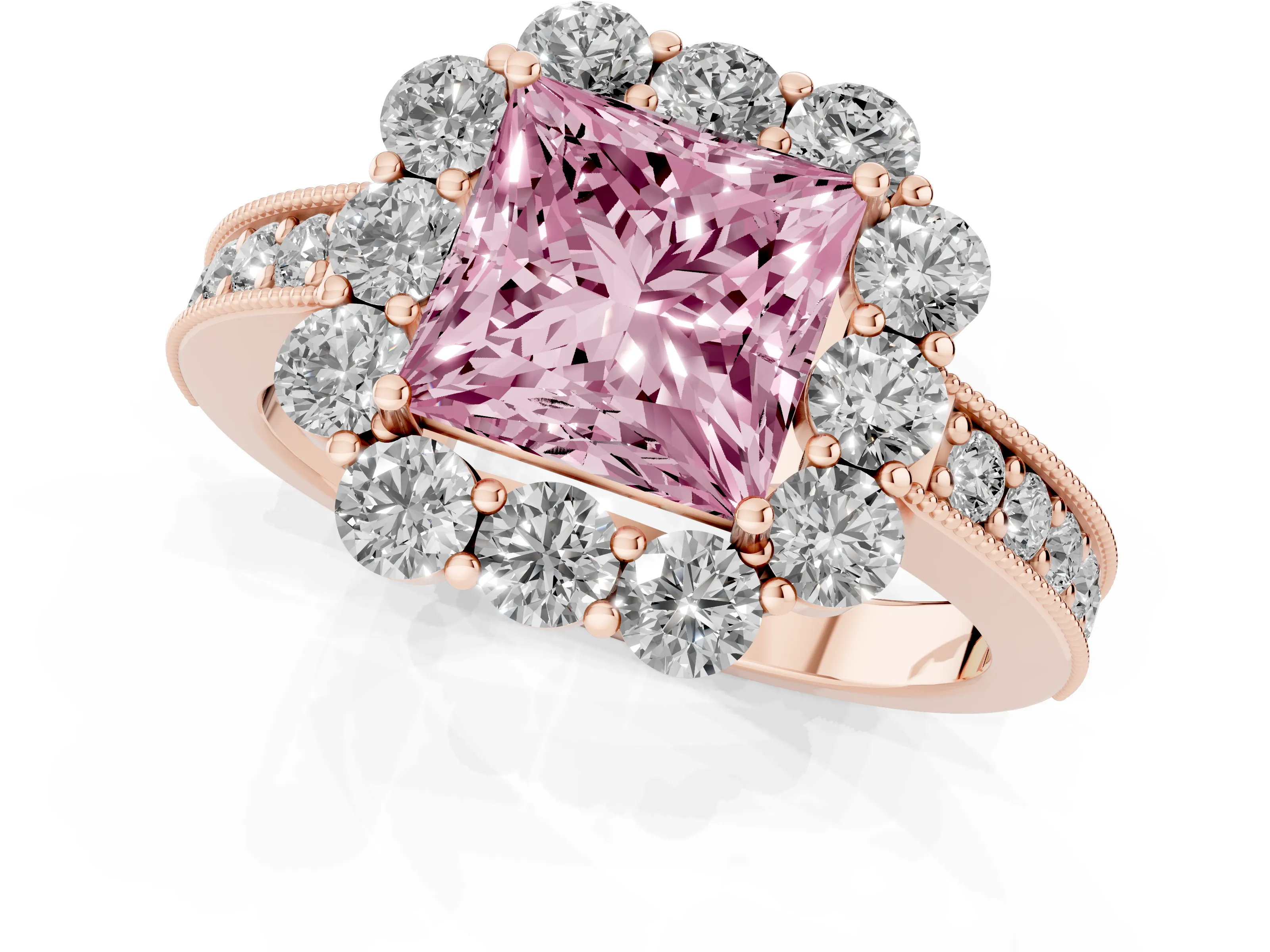 Fancy Pink Princess Cut Diamond Halo Pavé Engagement Ring Set in Rose gold with Milgrain Detailing