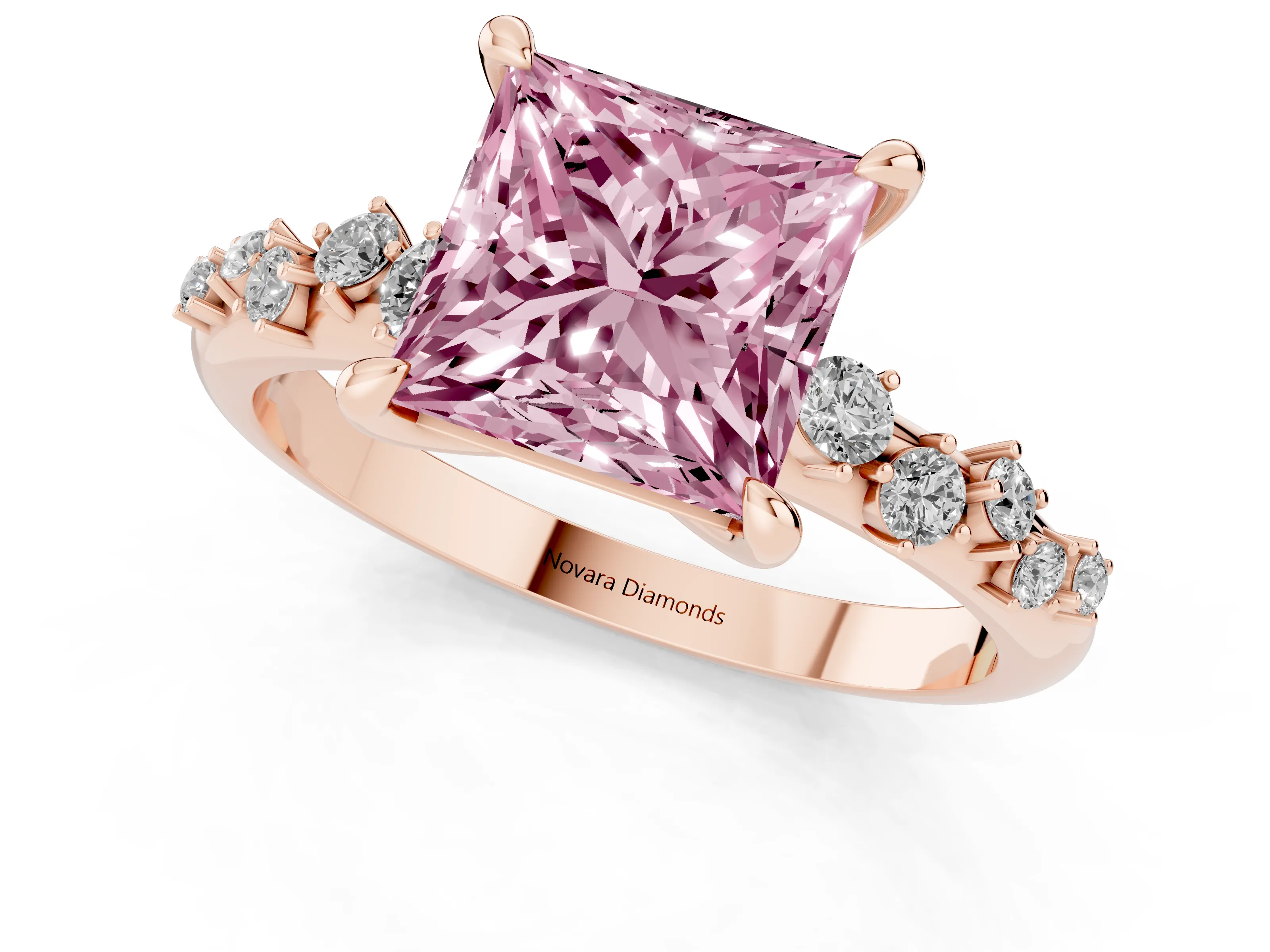 Fancy Pink Princess Cut Diamond Solitaire Vine Band Ring Set in Rose gold with Round Accents and Prong Setting – second view