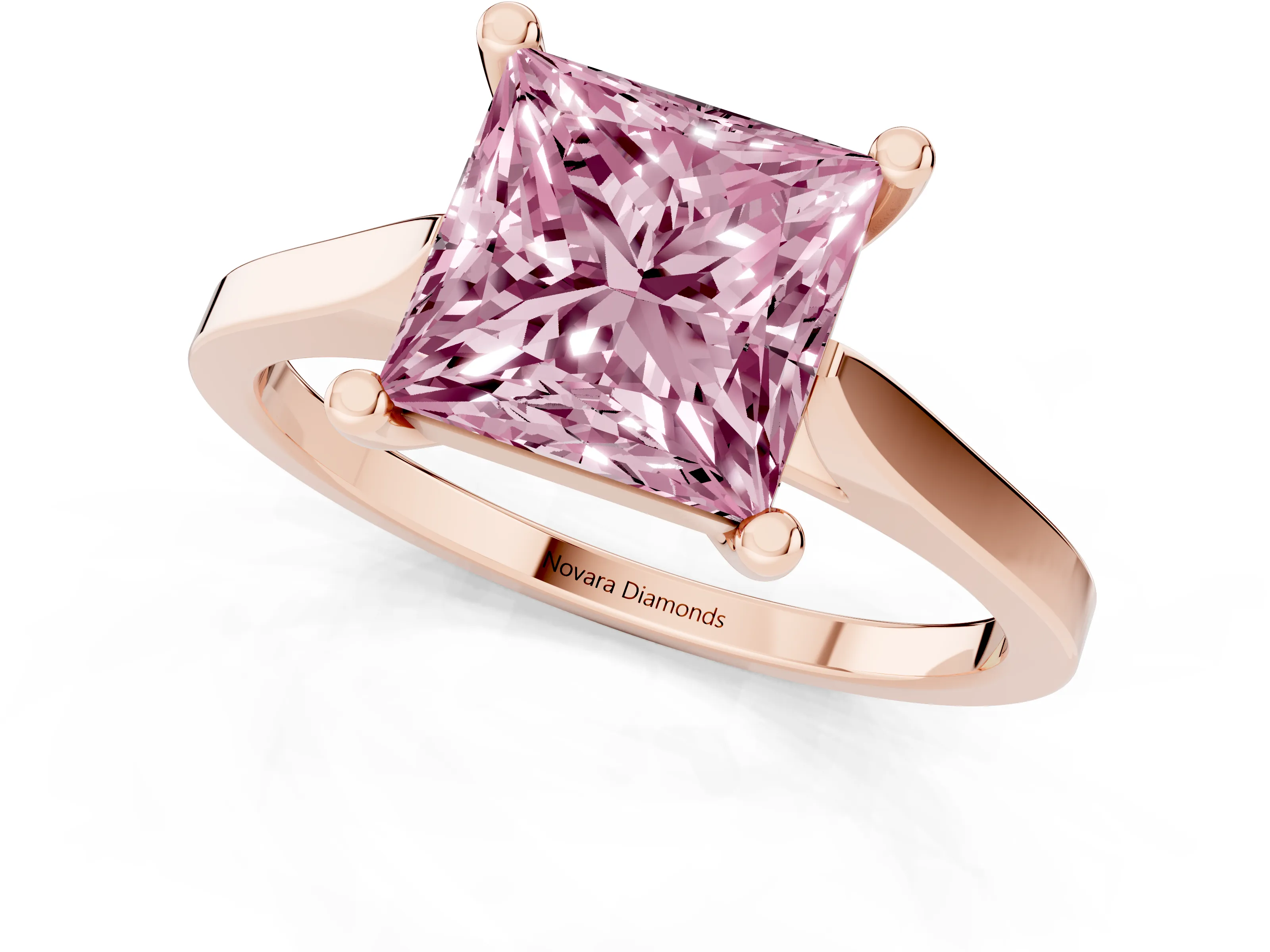 Fancy Pink Princess Cut Diamond Solitaire Ring Set in Rose gold with Prong Setting and Tapered Band