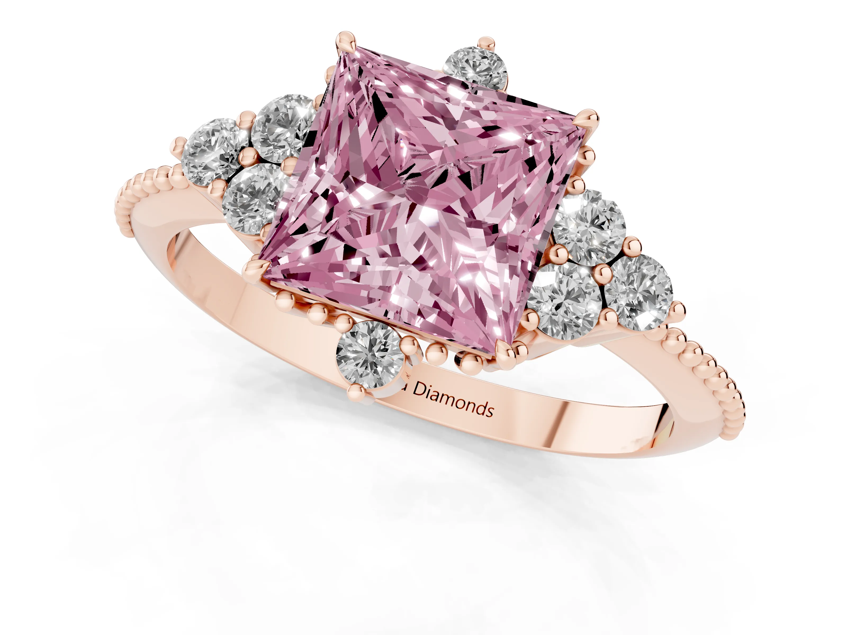 Fancy Pink Princess Cut Diamond Cluster Ring Set in Rose gold with Beaded Band