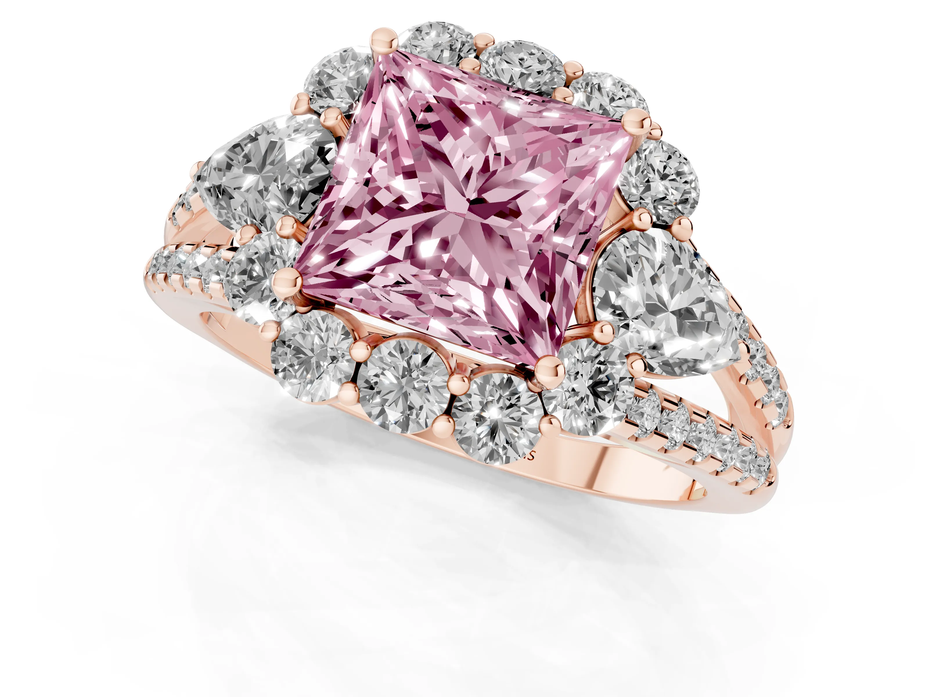 Fancy Pink Princess Cut Diamond Halo Split Shank Engagement Ring Set in Rose gold with Prong-Held Center Stone