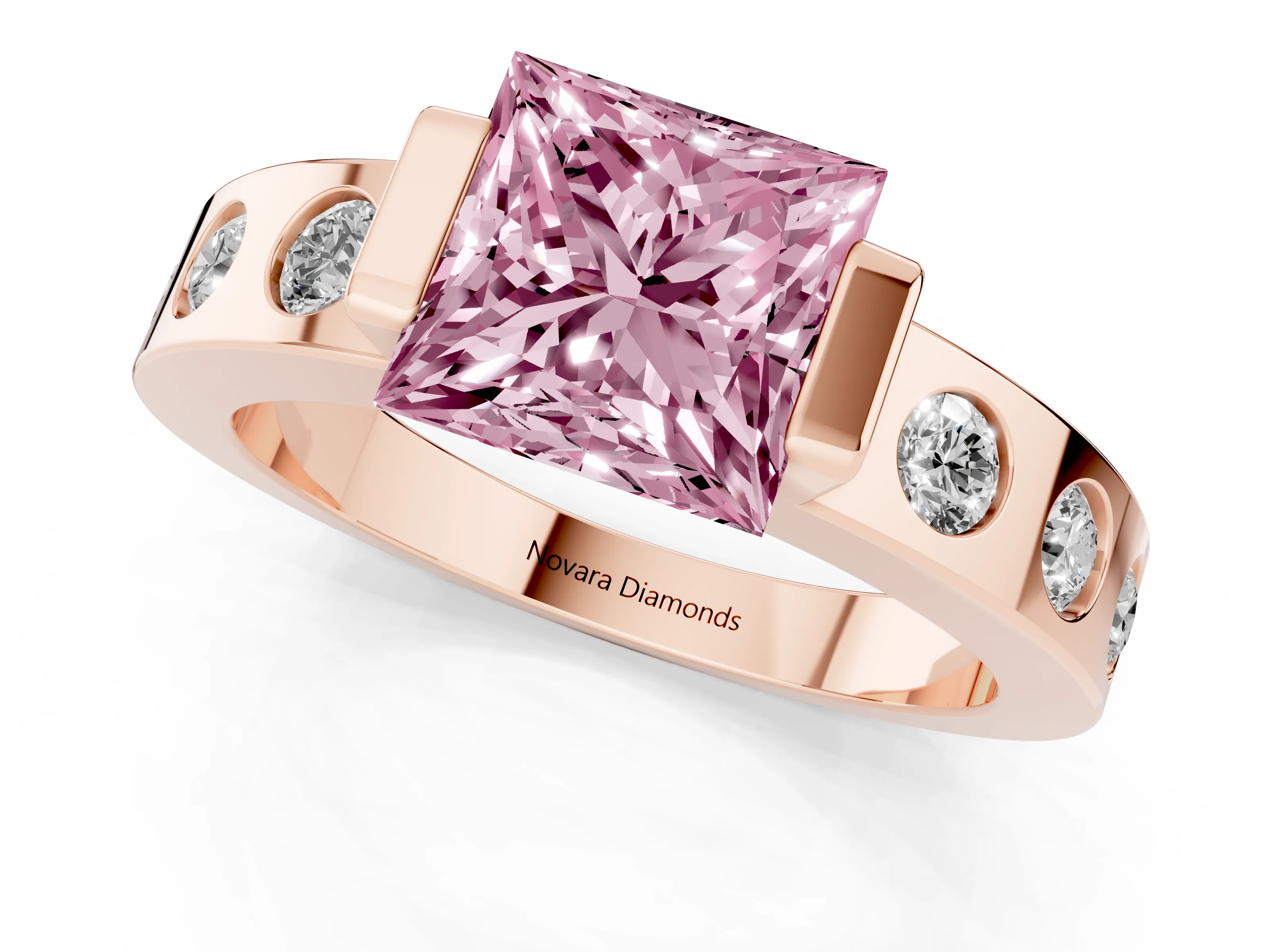 Fancy Pink Princess Cut Diamond Channel-Set Band Ring Set in Rose gold with Bezel Prong Setting