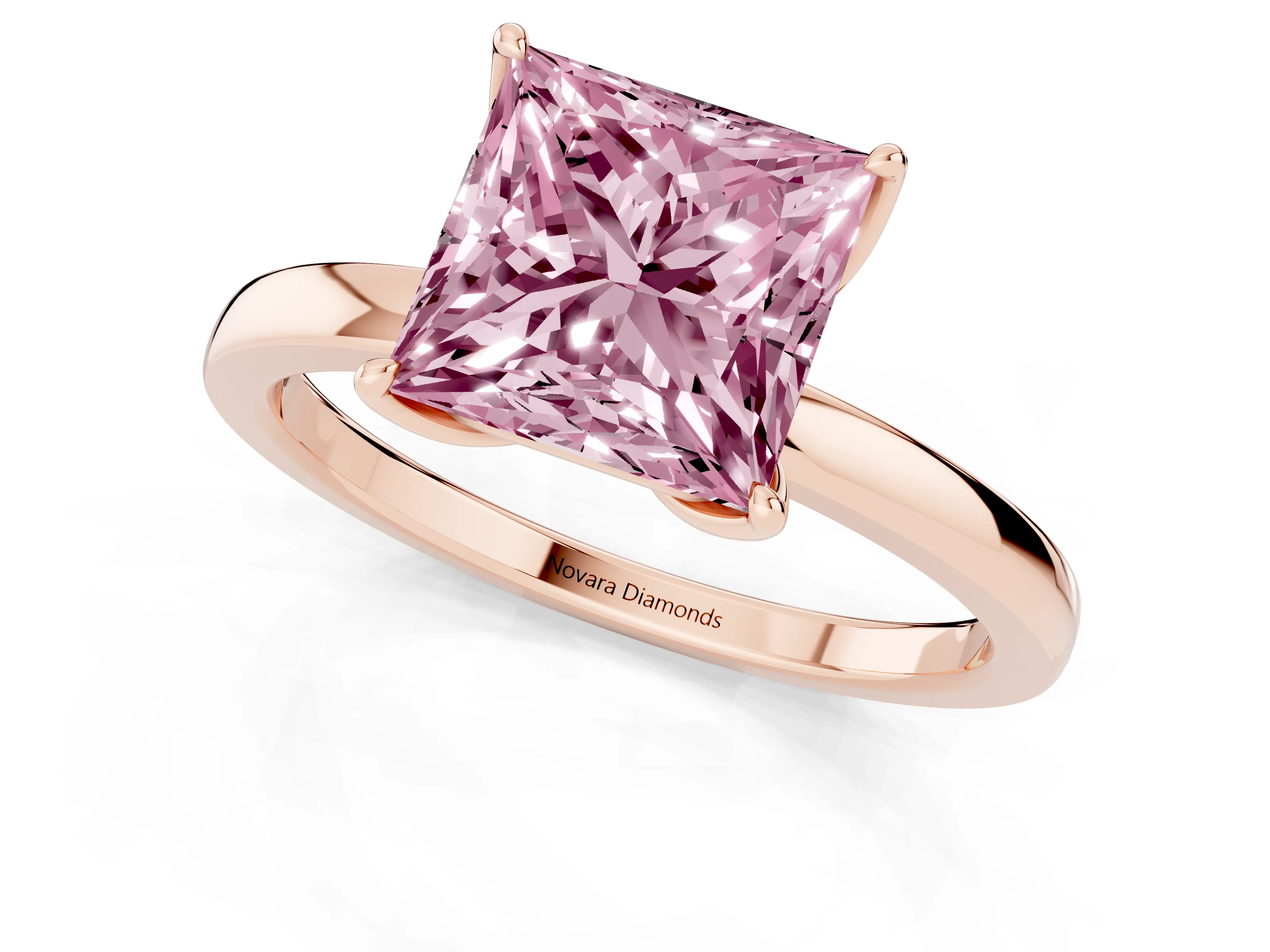 Fancy Pink Princess Cut Diamond Solitaire Ring Set in Rose gold with Prong Setting and Thin Polished Band